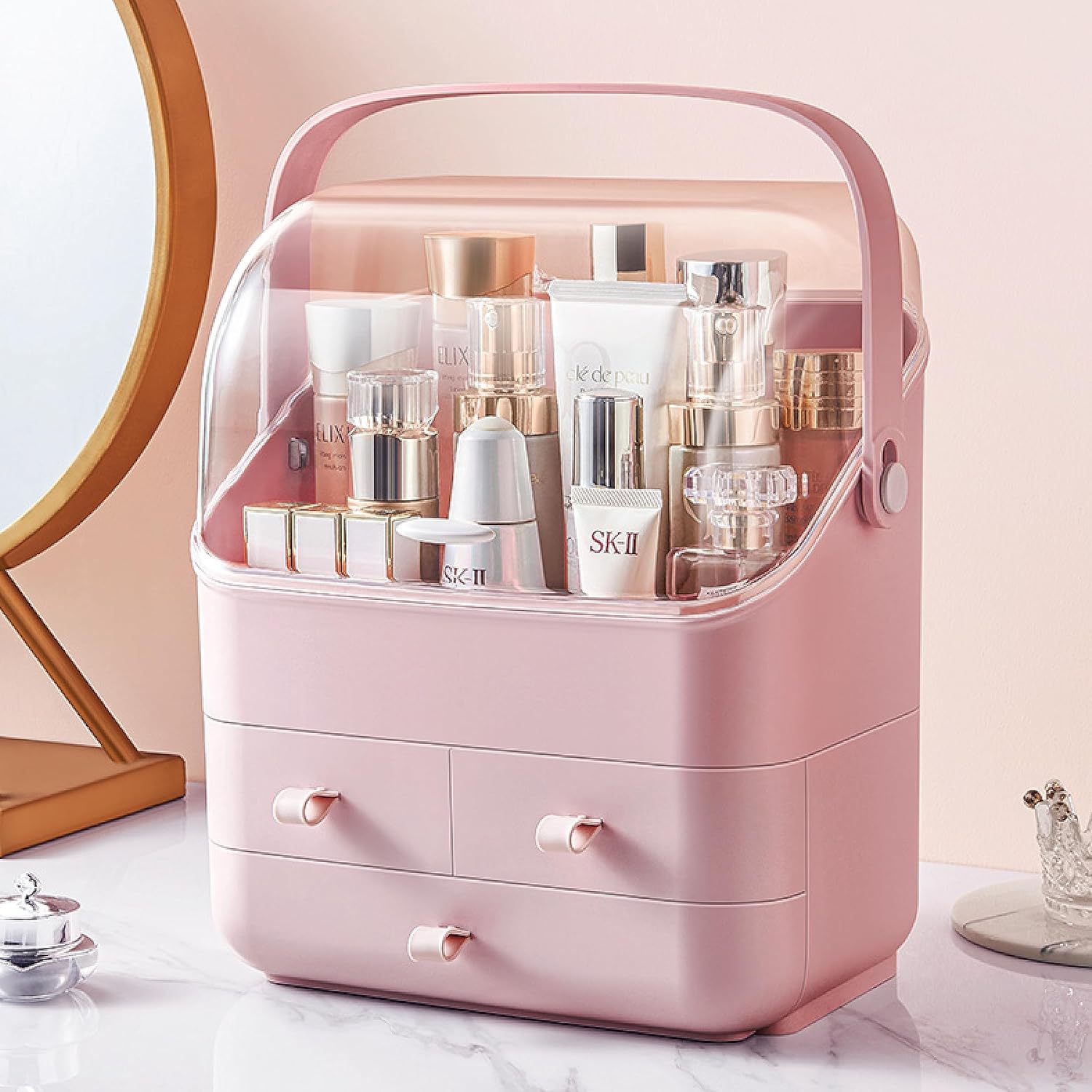 BRUUN – Contenedor de almacenamiento para cosméticos para el cuidado de la piel una caja de maquillaje grande de color rosa a prueba de polvo y agua