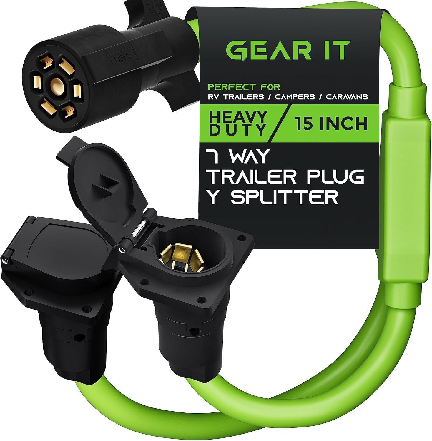 GearIT Enchufe de remolque de 7 vías y divisor en Y (15 pulgadas), enchufe de remolque de 7 pines, cable en línea, cable de arnés de cable, conector