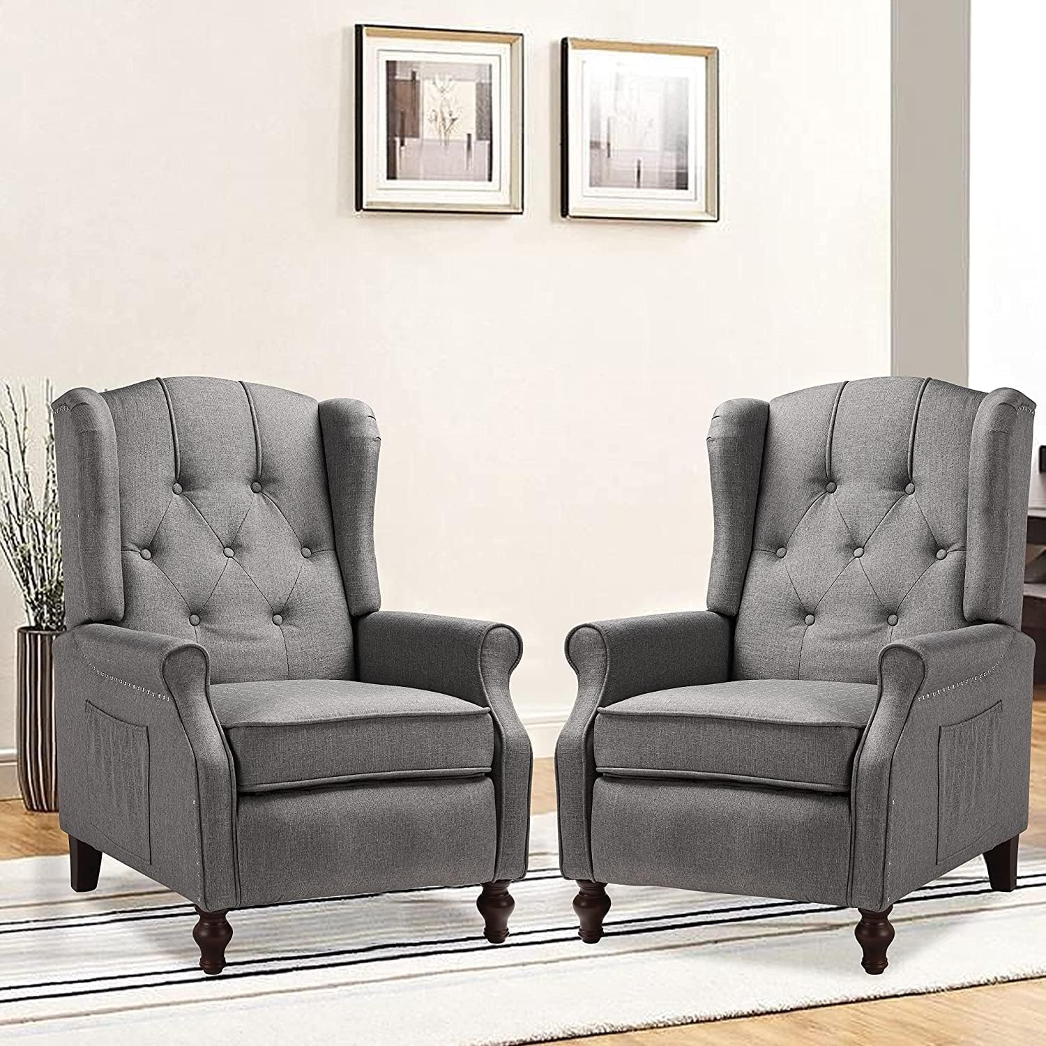 OQQOEE Wingback – Silla reclinable de tela, sillas decorativas con respaldo acolchado de diamante con respaldo ajustable y cojines acolchados