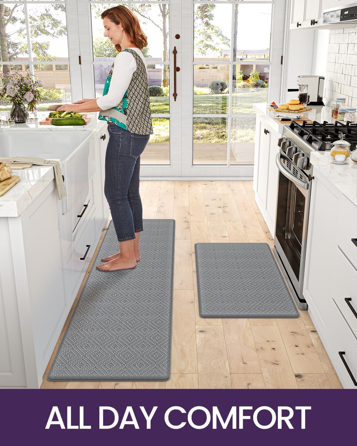 DEXI Tapete de cocina acolchado antifatiga, juego de 2 alfombras de cocina antideslizantes, impermeables, cómodas de pie, 17 x 29 + 17 x 59
