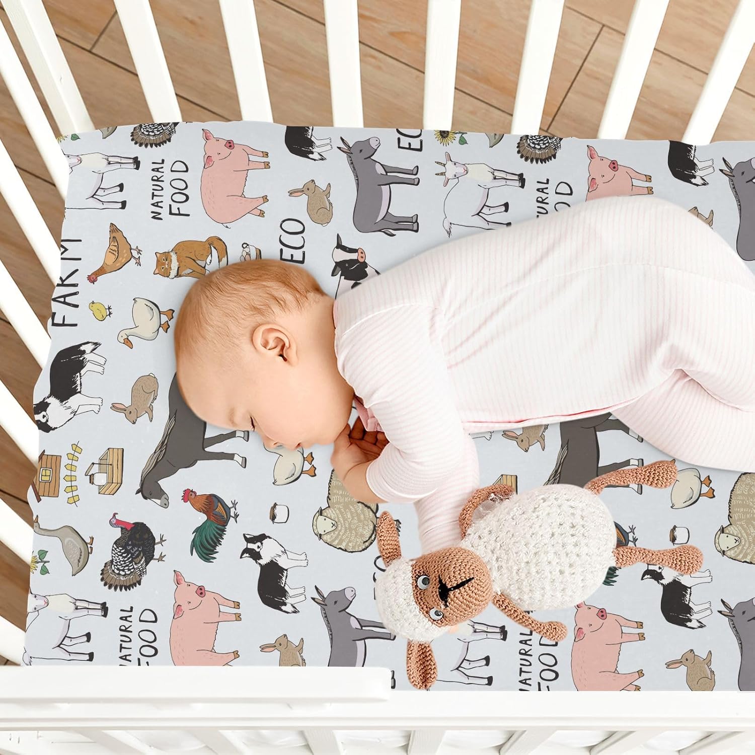 Sábanas frescas de cuna de animales de granja para niños y niñas, 39 x 27 pulgadas, suaves y transpirables, sábanas portátiles para cunas elásticas
