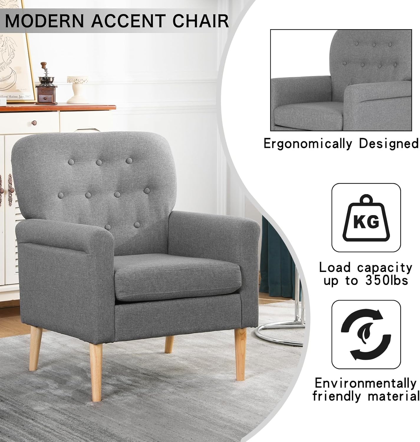 Silla decorativa de tela, sillón moderno de mediados de siglo, cómodo sofá individual con patas de madera, para sala de estar, dormitorio, oficina,