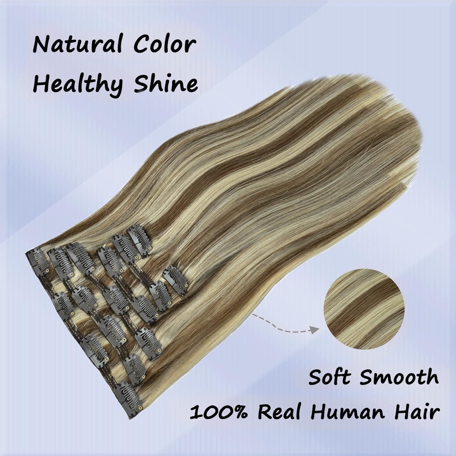 Honsoo – Extensiones de cabello humano Remy con pinza, color rubio cenizo a rubio platinado, 7 unidades de 3.53oz y 12pulgadas, para mujer