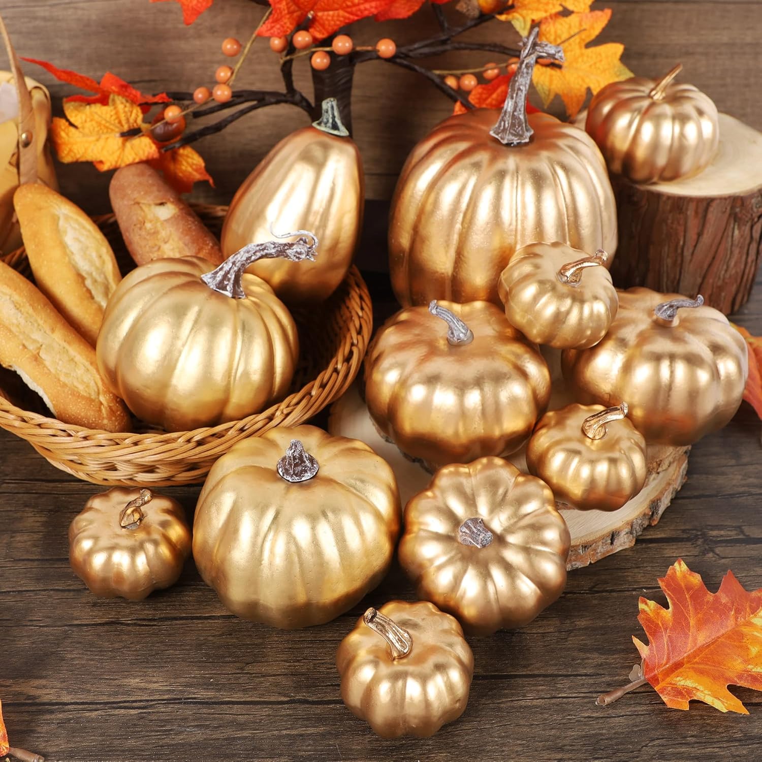 winemana 12 calabazas artificiales de varios tamaños, calabazas doradas, decoración de otoño, calabazas falsas, decoraciones de otoño para el hogar,