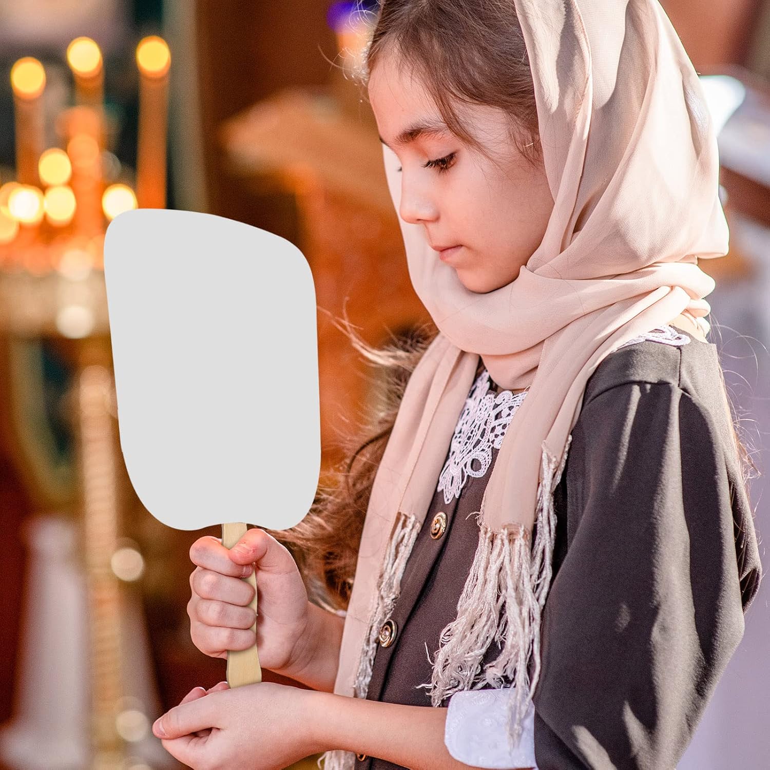 Palitos de madera ondulados, cartulina blanca en blanco, cinta de doble cara, abanicos de iglesia para manualidades, pintura, abanicos de palo,