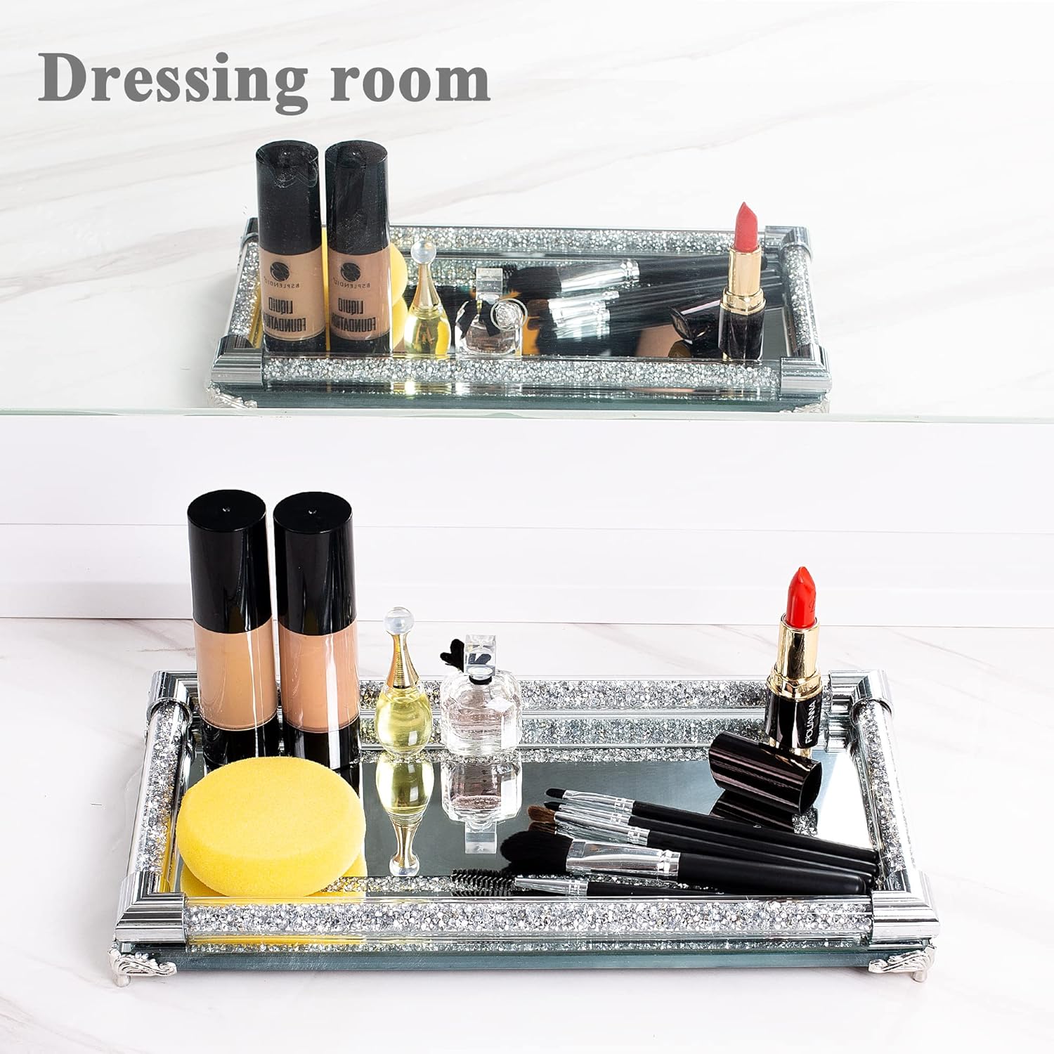 SHYFOY Bandeja de tocador de perfume de espejo plateado de 12.5 pulgadas, bandeja decorativa de cristal triturado, bandeja decorativa rectangular de