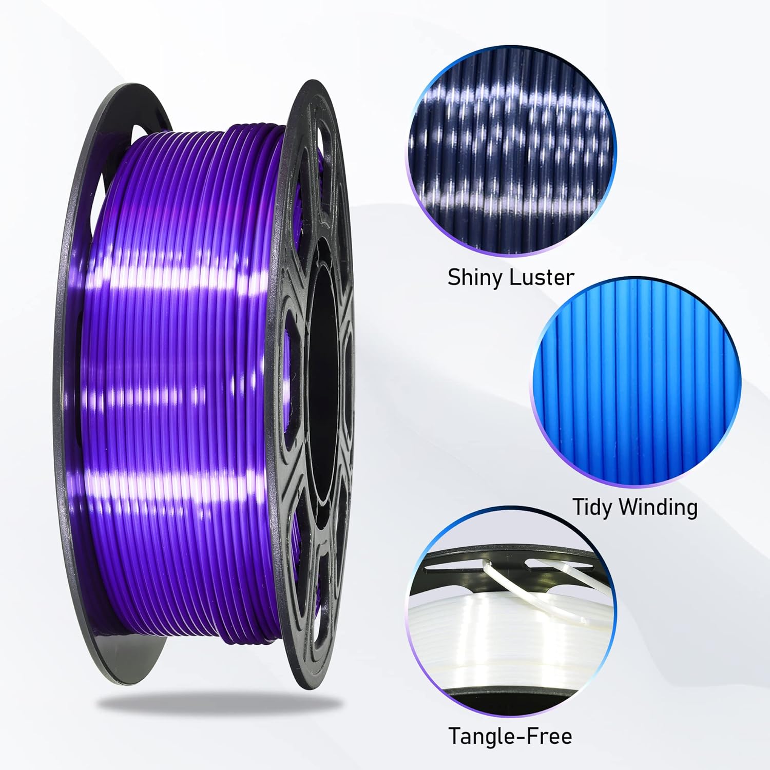 BBLIFE Paquete de filamentos 3D de PLA de seda 4 en 1 de 0.069 in brillo de seda negropúrpurablancoazul, cada carrete 8.82 oz, 4 carretes