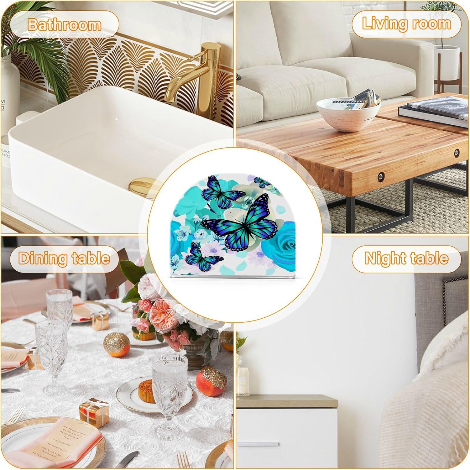 Servilletero con diseño de flores y mariposas para mesa, dispensador independiente de pañuelos, soporte de servilleta de acrílico para encimera,