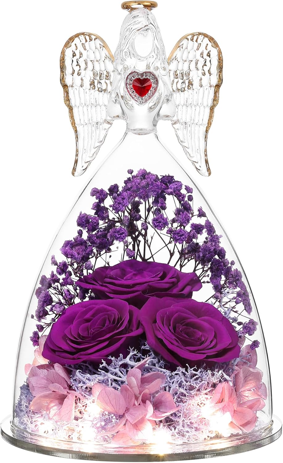 Regalos de cumpleaños para mujeres, abuela, mamá, novia, flor preservada, tres rosas reales en figuras de ángel de cristal, regalos de ángeles para