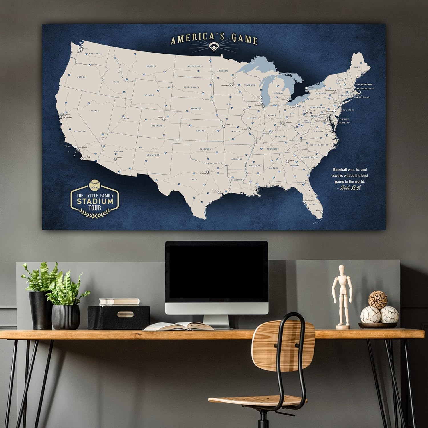 Holy Cow Canvas Personalized Canvas Baseball Stadium Map Tracker with Pins Includes Push Pins, Baseball Parks Bucket List, Customized Baseball Gift