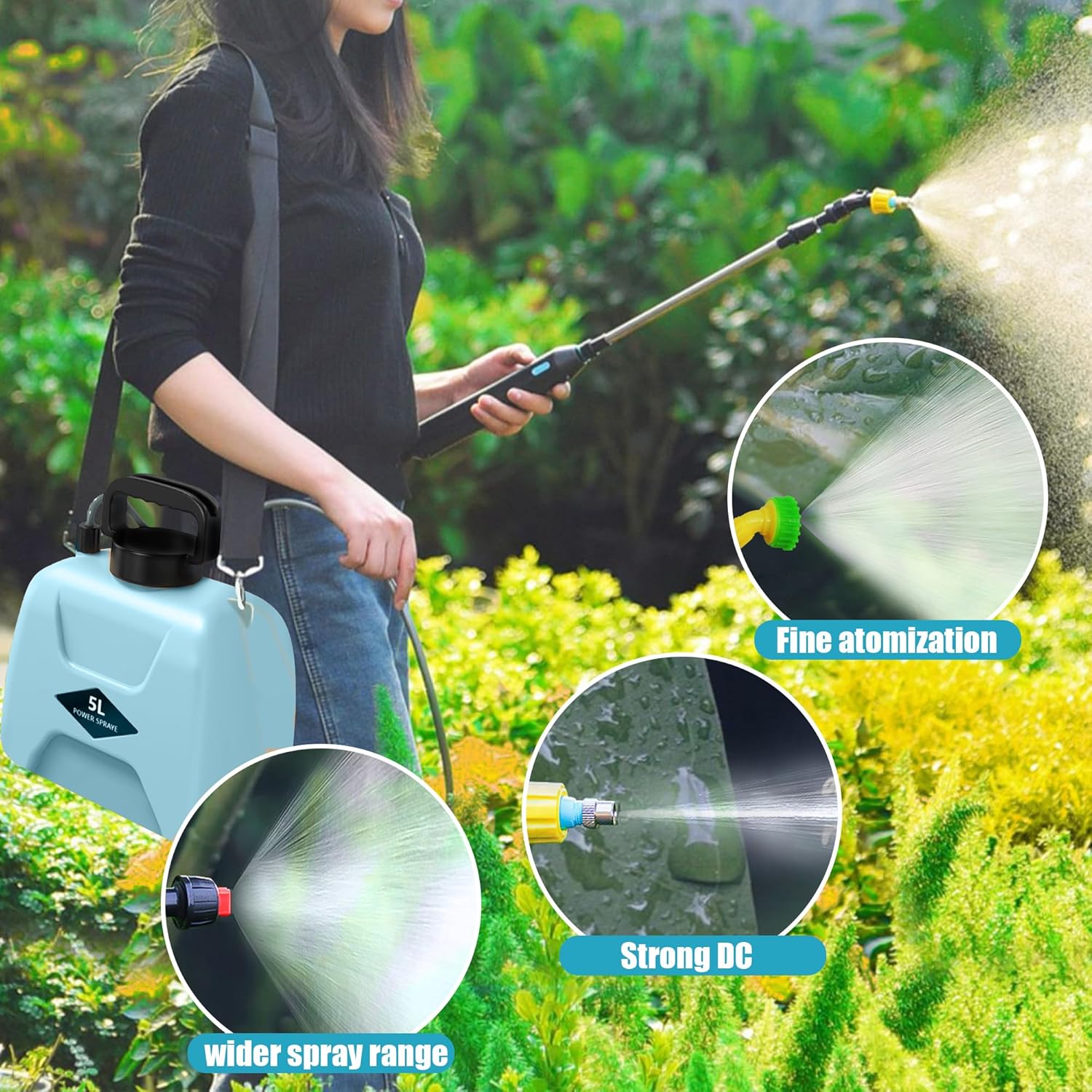 Pulverizador eléctrico a batería, 1.35 galón5L con 3 boquillas de niebla, rociador de jardín con mango recargable USB y varita retráctil, correa de