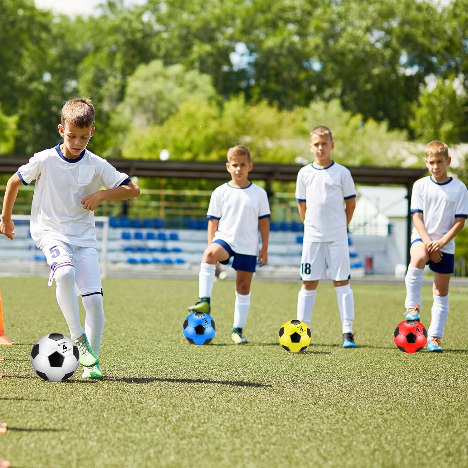 Deekin 12 pelotas de fútbol con inflador, tamaño oficial, pelota de fútbol desinflada, cosidas a máquina, pelota deportiva exterior para niños,