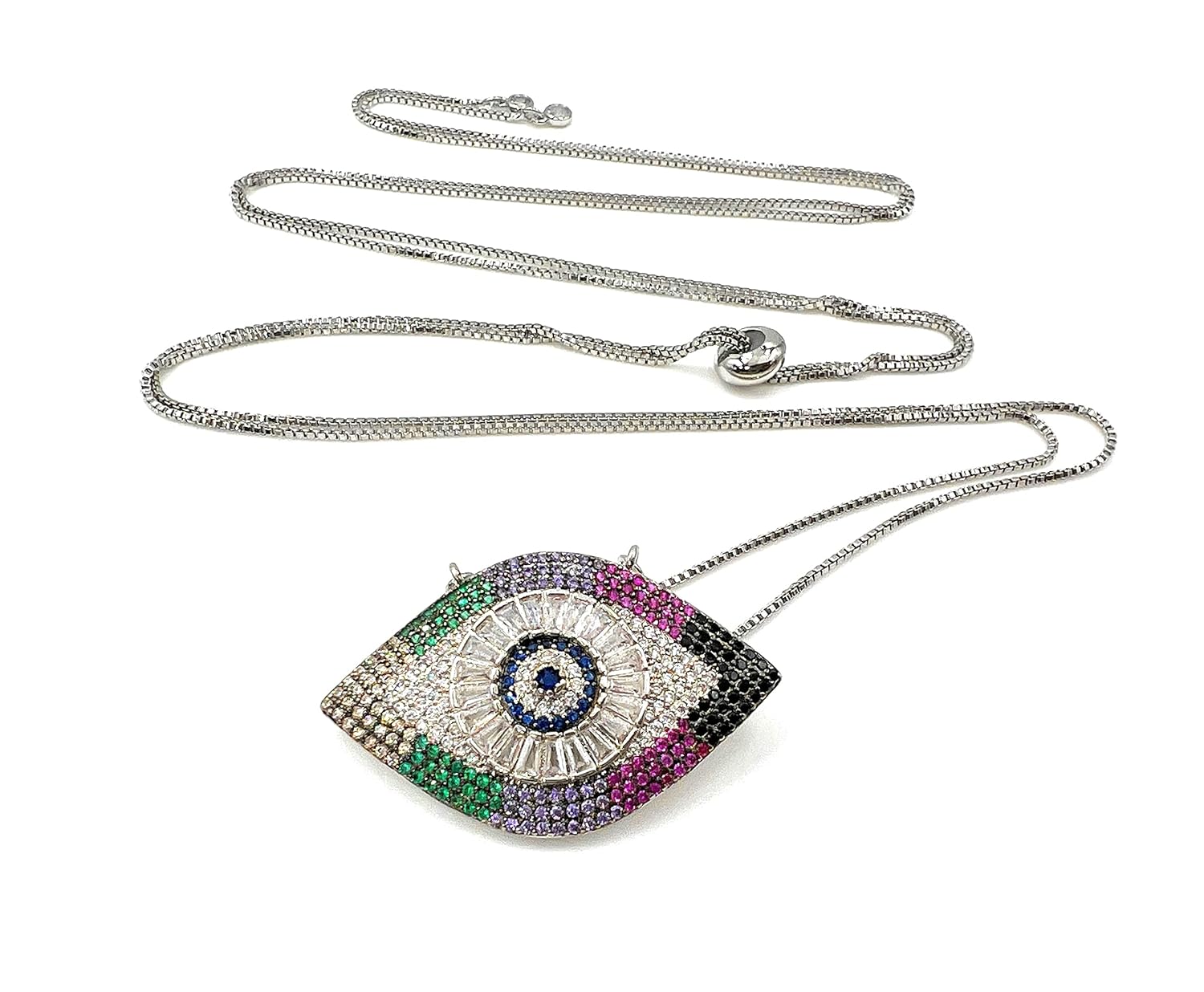 SIFRIMANIA Lucky Charm Necklace Evil Eye Pendant Adjustable Length and Vibrant Cubic Zirconia Stones for Good Luck (Silver)