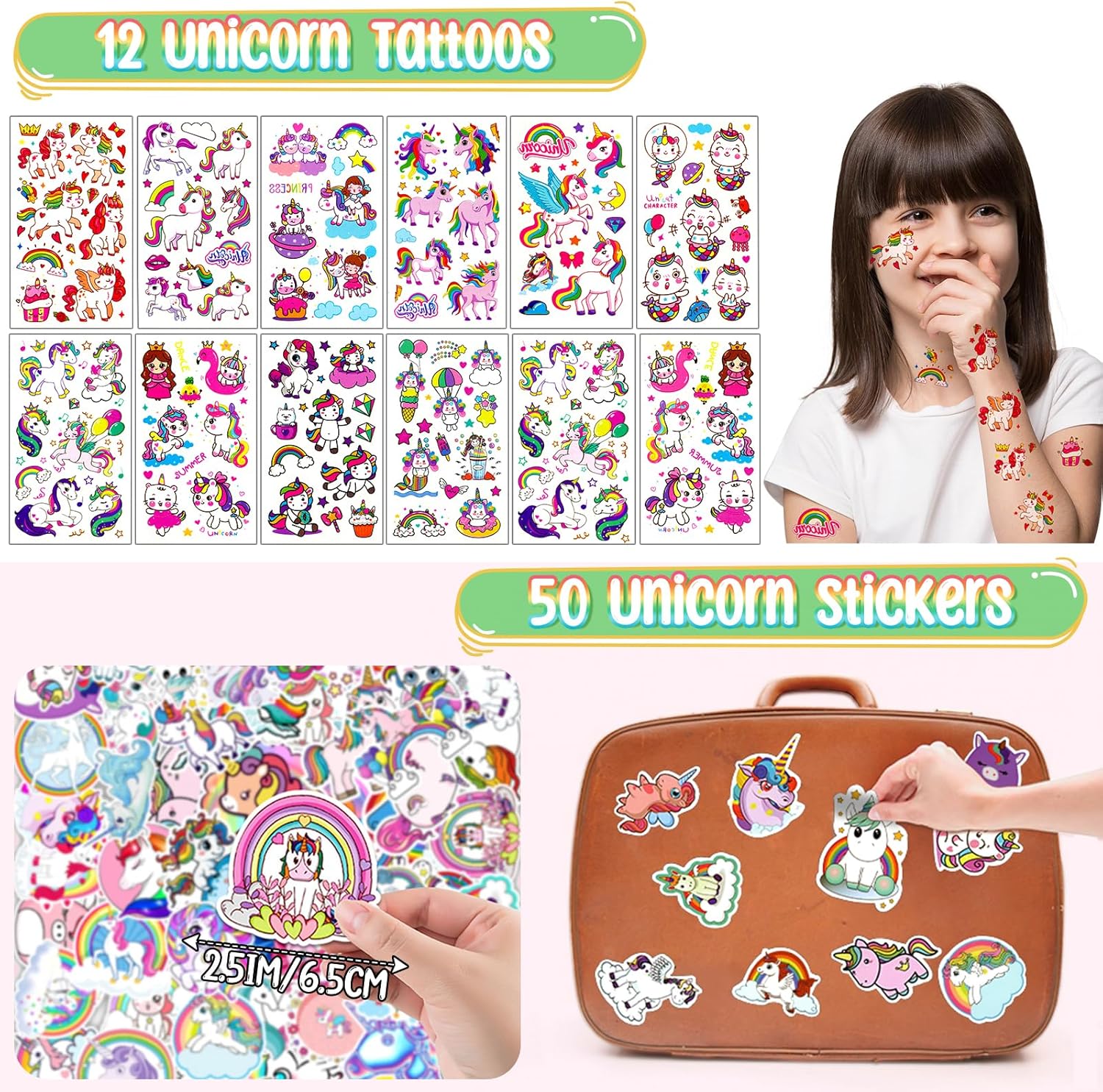 Winrayk 146 piezas de unicornio para fiestas de cumpleaños, bolsas para niñas, diadema, pulsera, sellador, pulsera, llavero, pulsera de tatuaje,