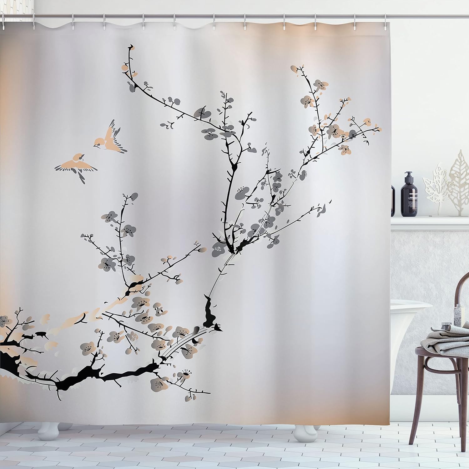 Ambesonne Cortina de ducha natural, flores pájaros con diseño de cerezo asiático, juego de tela con ganchos para decoración de baño, artículos