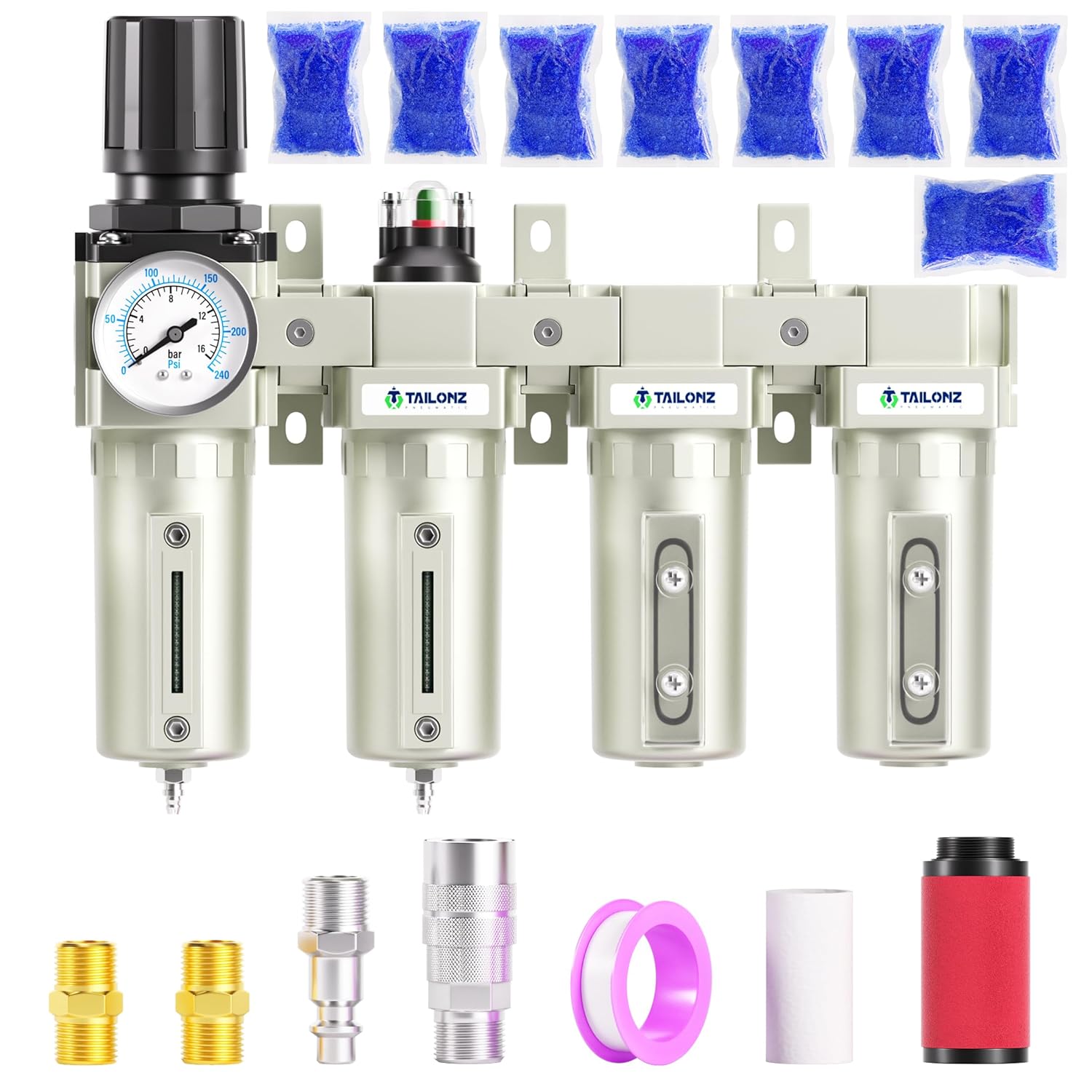 TAILONZ PNEUMATIC 0-240PSI Sistema de secado de aire de 4 etapas de grado industrial NPT de 34 pulgadas, filtro de partículas, filtro de