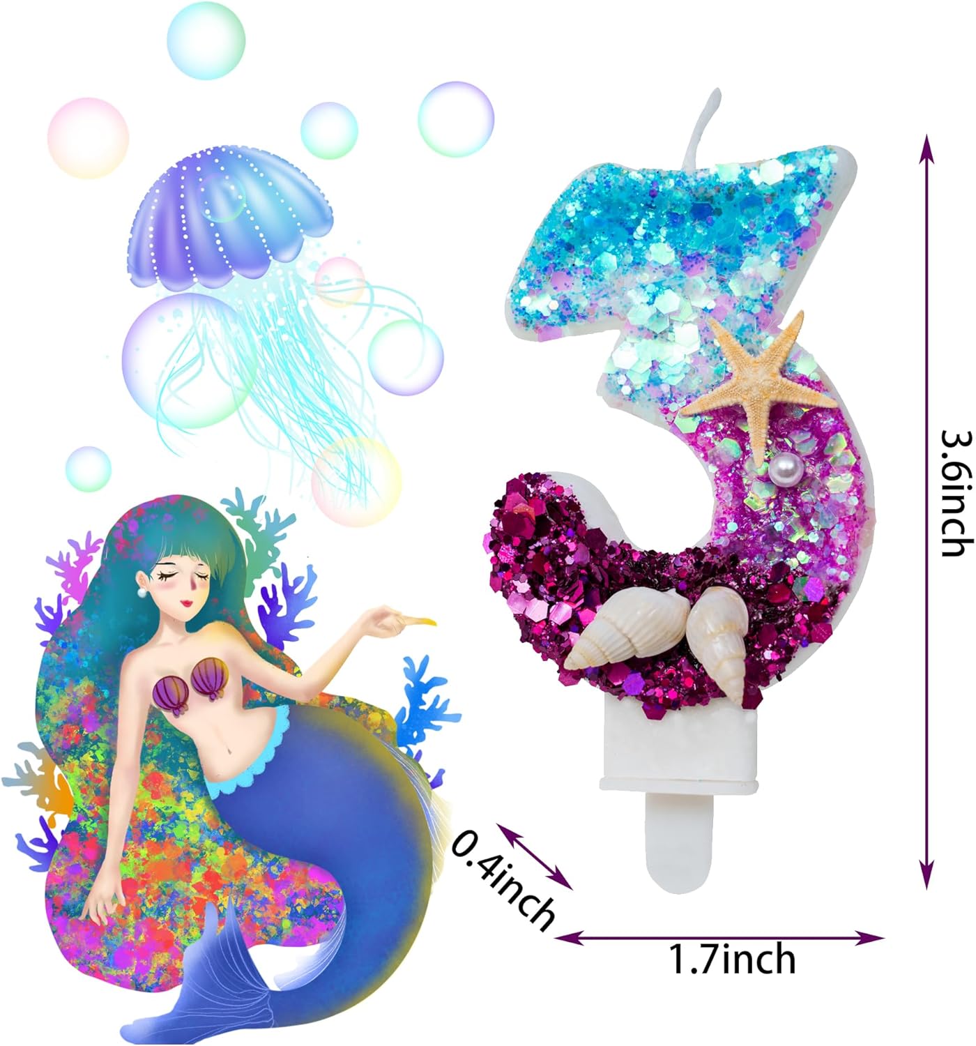 Vela número 3, vela de cumpleaños azul y morado para usar como parte de una fiesta bajo el mar o sirena