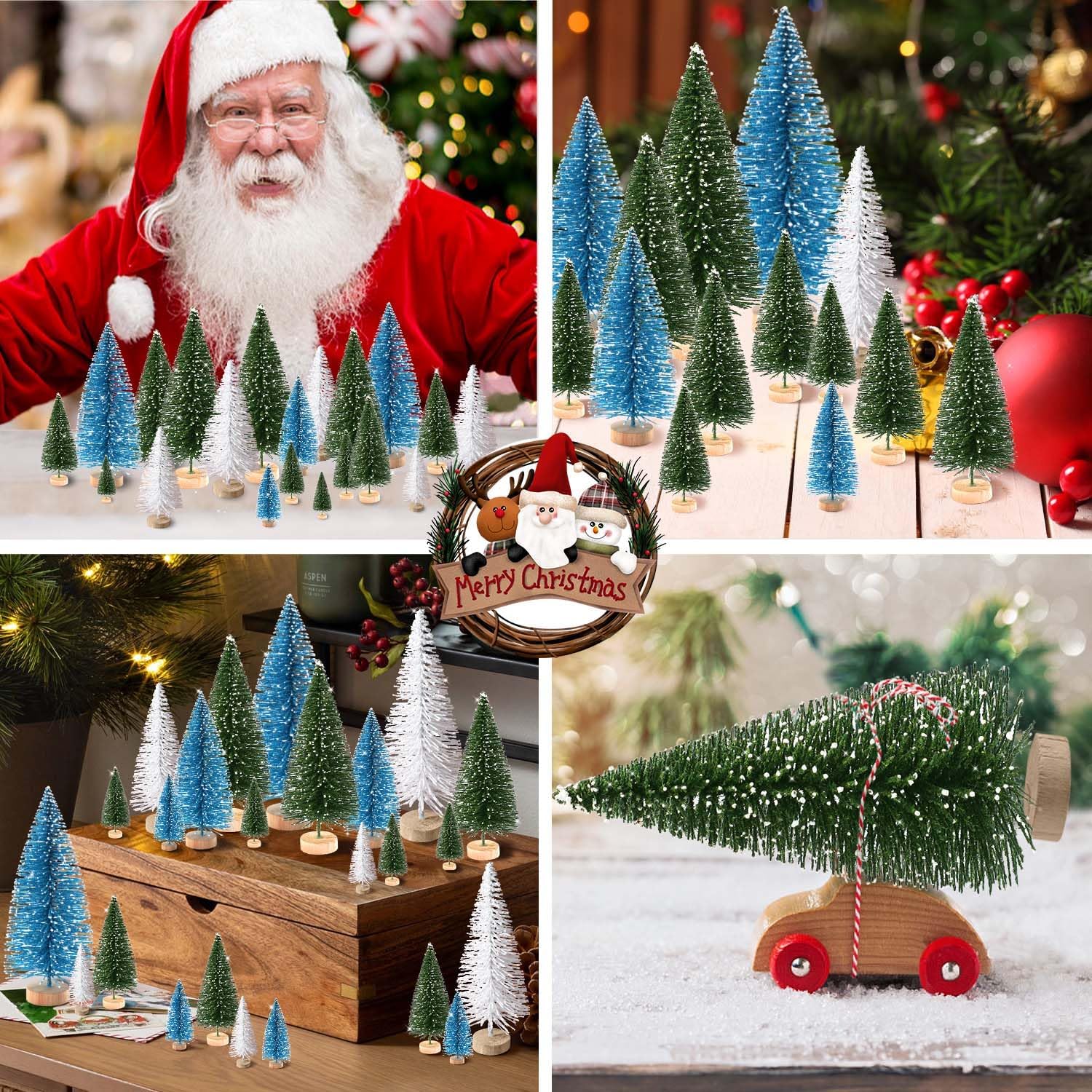 30 piezas de mini árboles de Navidad artificiales para árbol de Navidad, árboles de cepillo con base de madera para decoración de Navidad, fiesta de