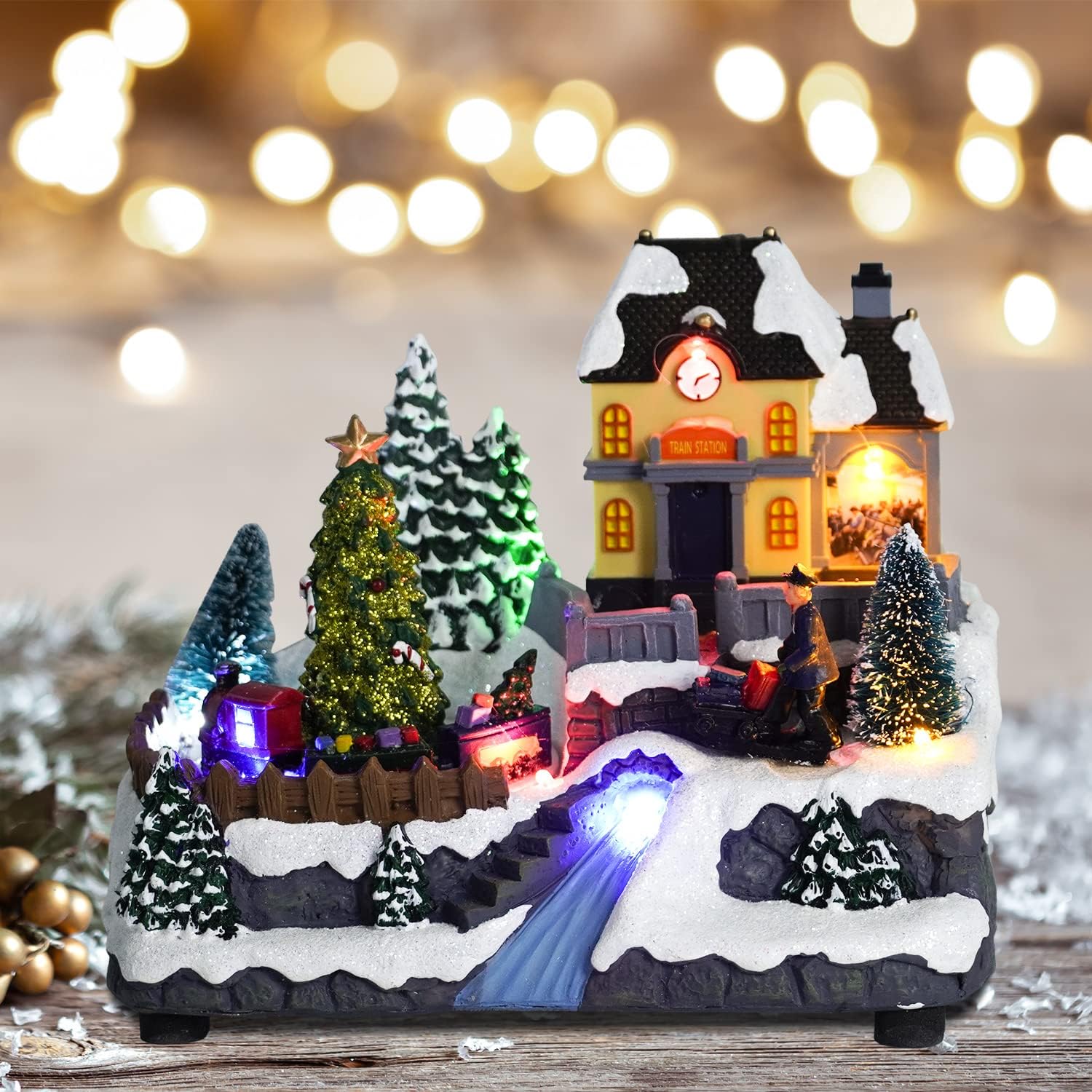 Christmas Village Houses with LED Lights, Train Spinning Under The Christmas Tree, Fiber Optic River, Realistic Christmas Scene,Music Rendering