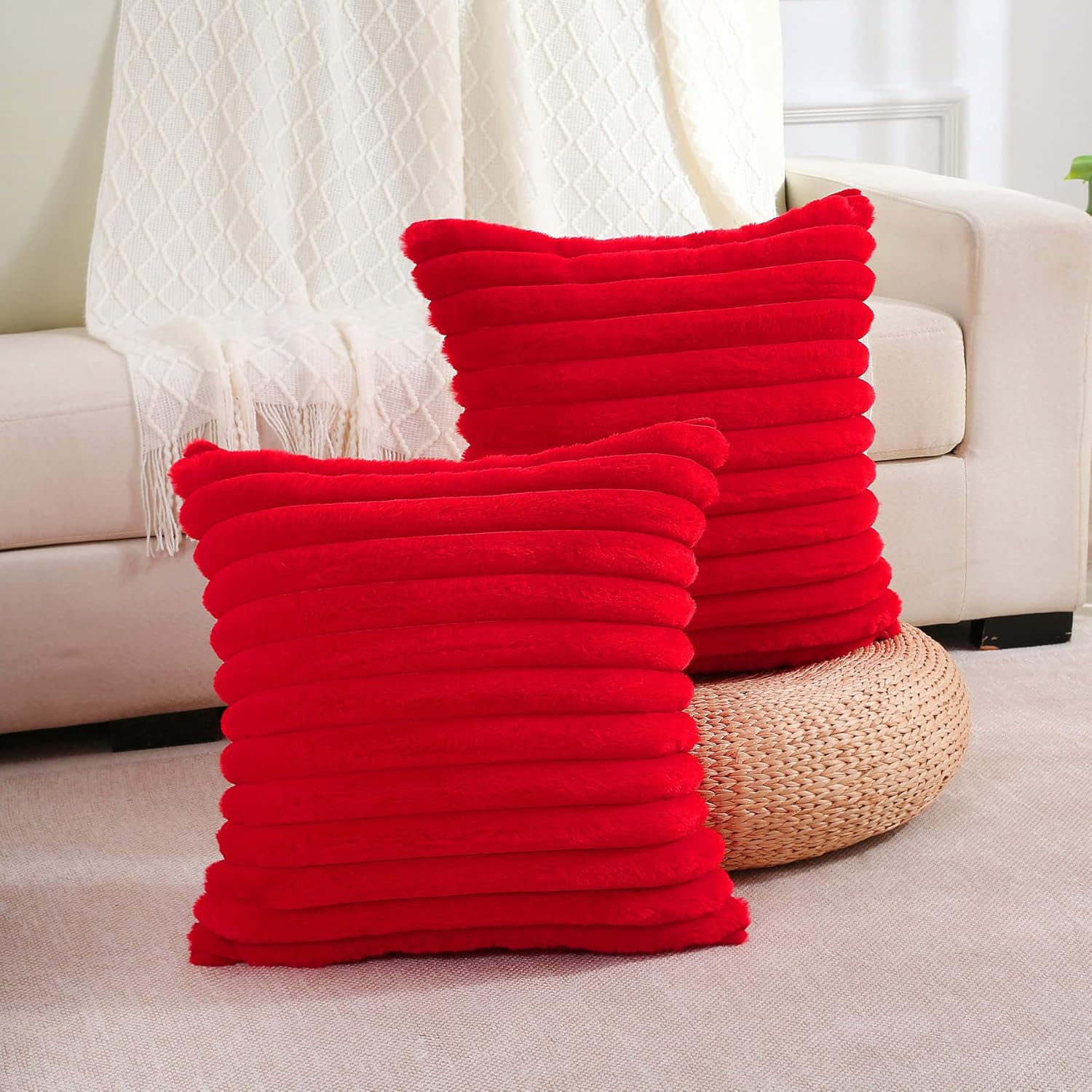 FUTEI – Juego de 2 fundas de almohada decorativas con rayas de color rojo, 20 x 20 pulgadas, cuadradas y primaverales, piel sintética de conejo