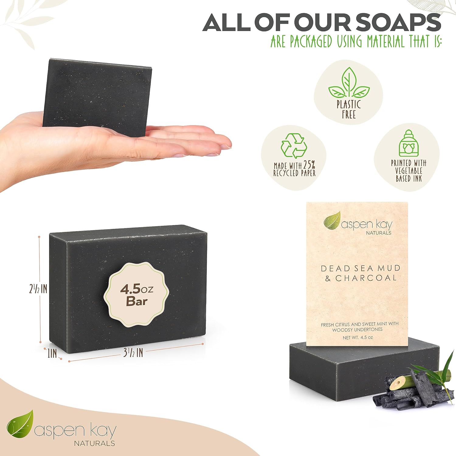 Aspen Kay Naturals Barra de jabón hecha a mano del Mar Muerto para cara y cuerpo (paquete de 6) natural y orgánico – Carbón activado y aceites