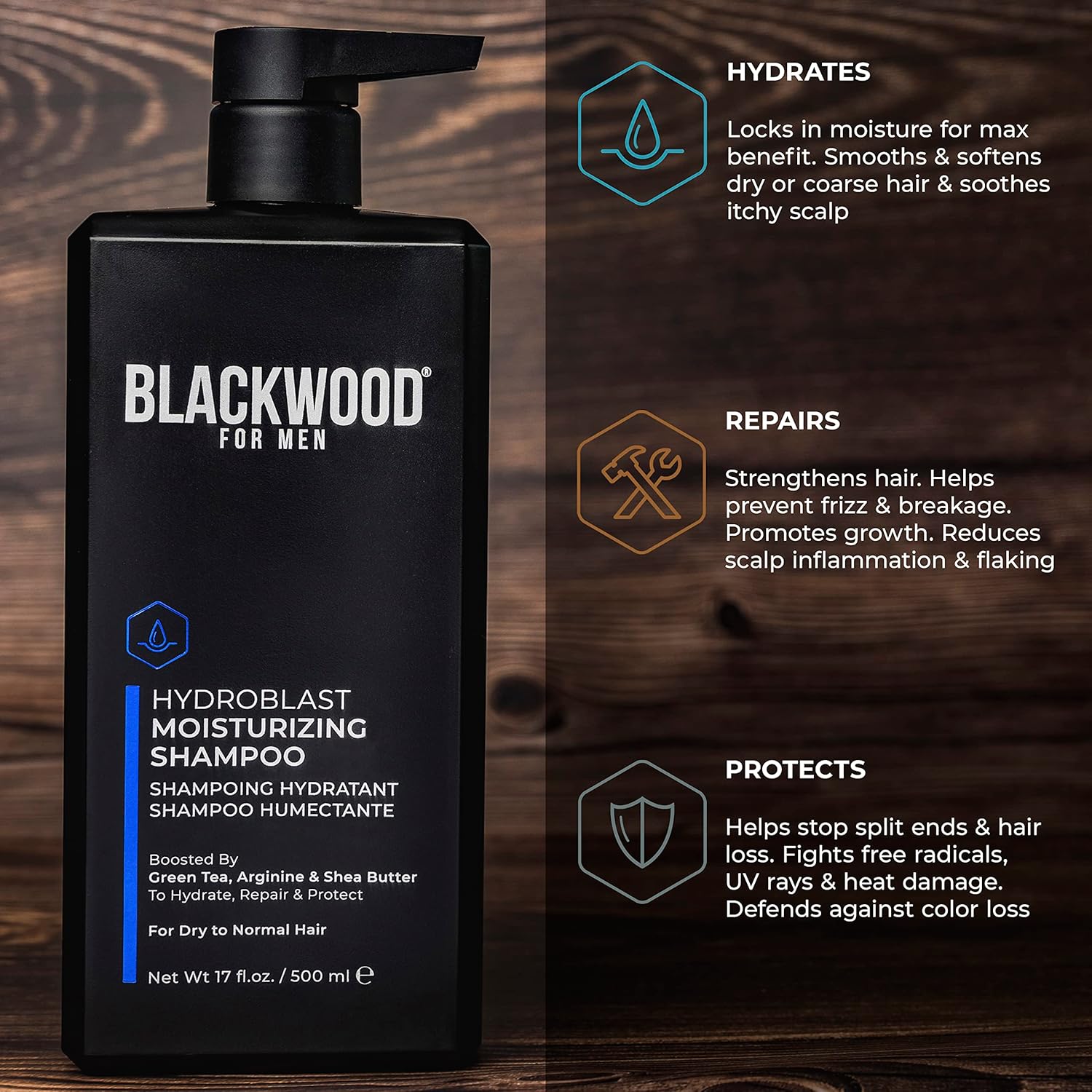 BLACKWOOD FOR MEN Hydroblast – Champú hidratante (17 onzas) y acondicionador (7.76 onzas), vegano y natural para cabello rizado y grueso, sin