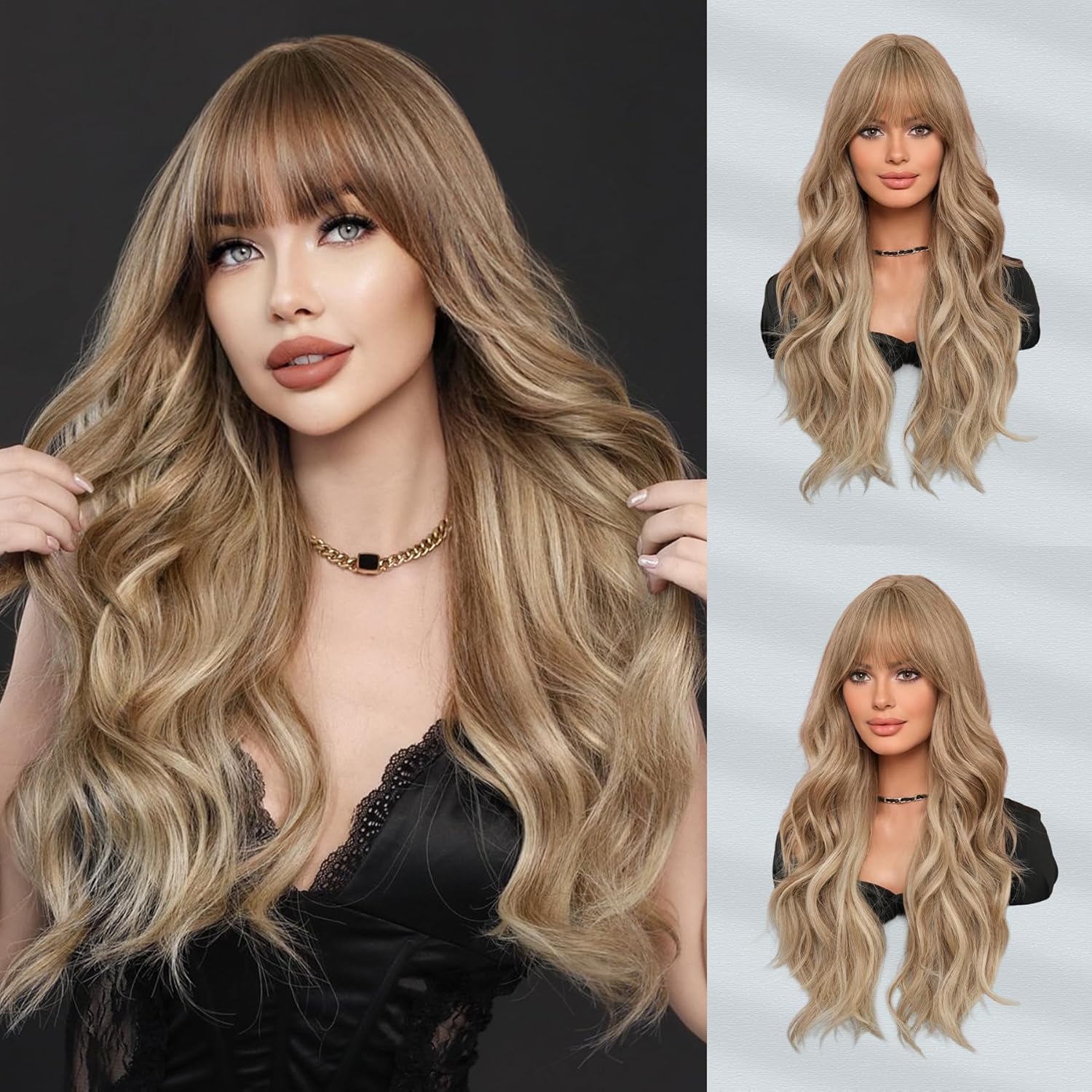 7JHH WIGS Peluca larga ondulada con flequillo de 26 pulgadas, rubio ceniza natural, resistente al calor, pelucas rizadas de fibra sintética para