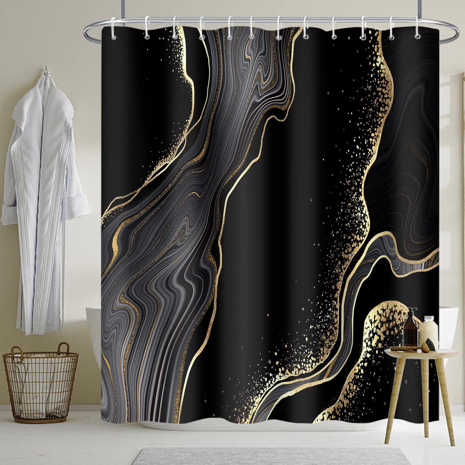 Baocicco Cortina de ducha de mármol negro y dorado, cortinas de ducha abstractas de lujo modernas para bañeras, cortina de ducha de tela impermeable