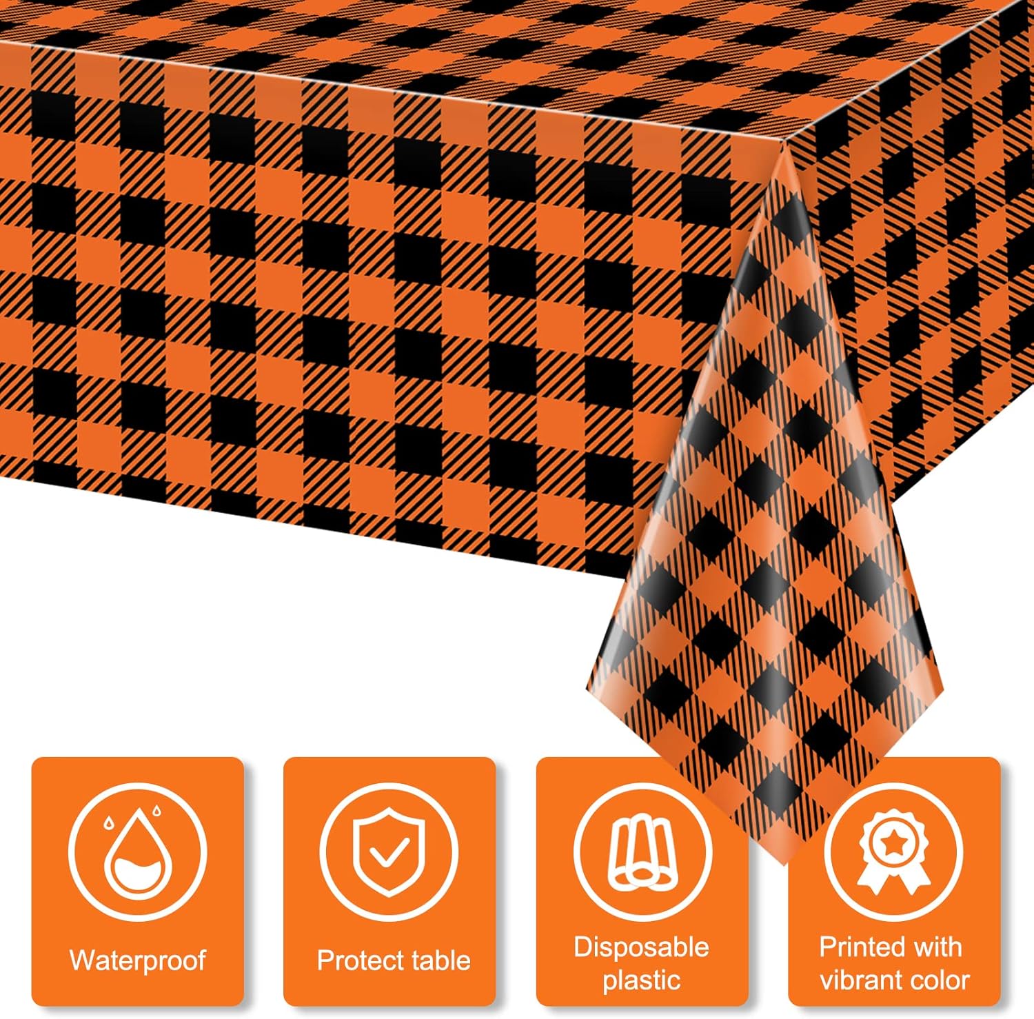 Paquete de 3 manteles de plástico de otoño naranja, desechables de búfalo naranja y negro, para Navidad, Acción de Gracias, cumpleaños, baby shower,
