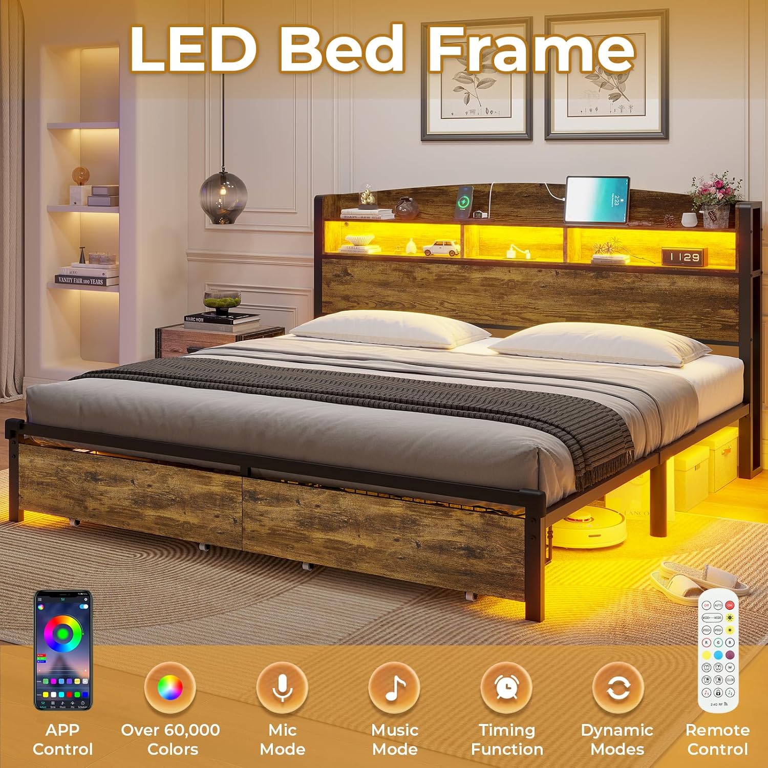 Base de cama tamaño Queen con cabecera de luz LED, estación de carga USB-CA, plataforma de metal con cajones de almacenamiento, cabecera de