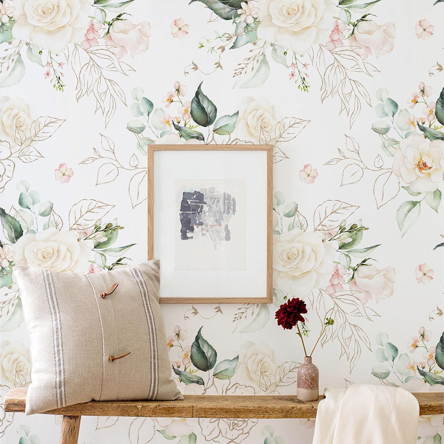 Papel tapiz floral para despegar y pegar, papel de contacto extraíble, hojas de oro rosa, bohemio, fácil de despegar, autoadhesivo, impermeable,
