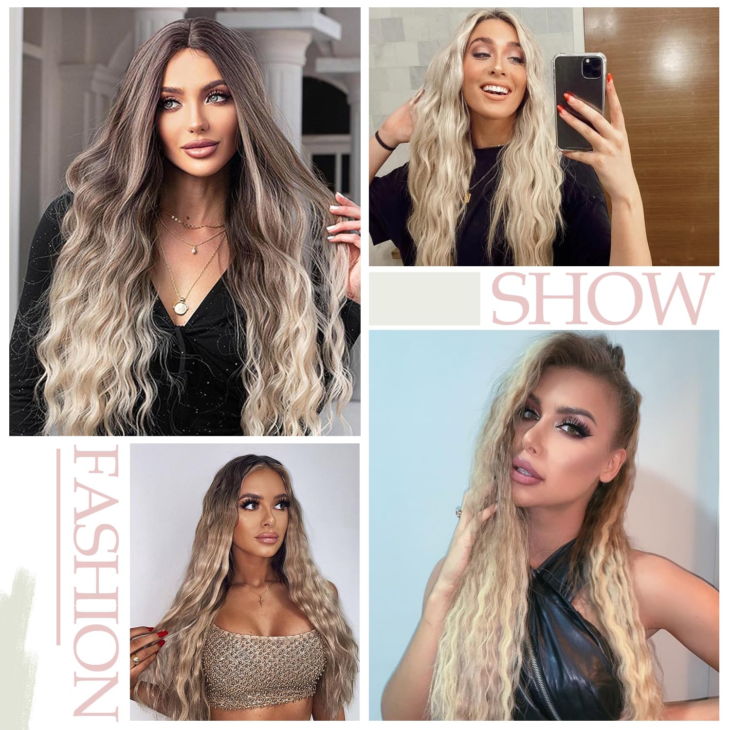 S-noilite Extensiones de cabello con clip de 24 pulgadas, 5 unidades, extensiones de cabello ondulado sintético grueso y natural, extensiones de