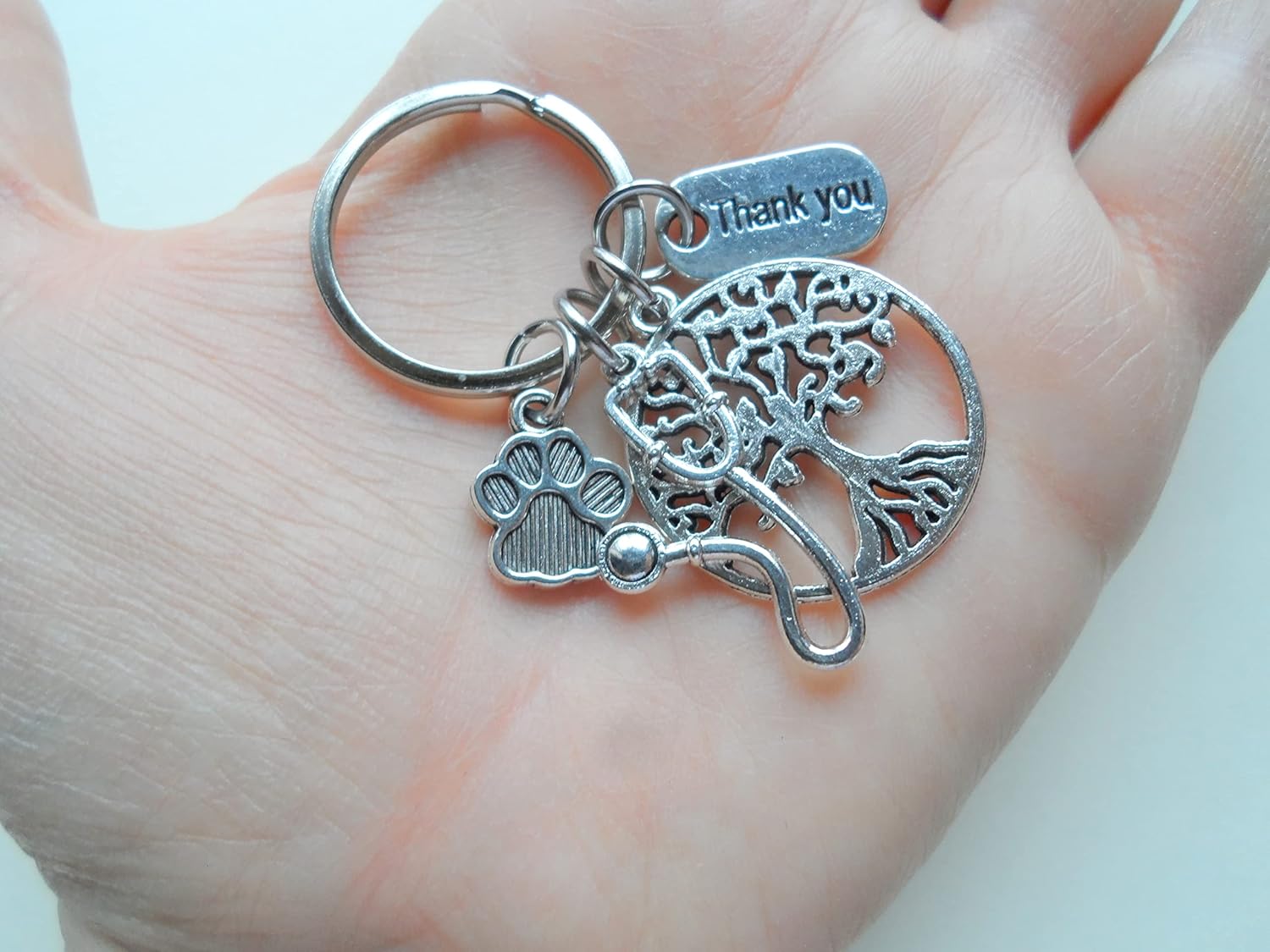 Veterinarian Appreciation Keychain, Veterinary Hospital Staff Gift, Pet & Animal Care Medical Professional Tree, Paw Print, Stethoscope, & Thank You