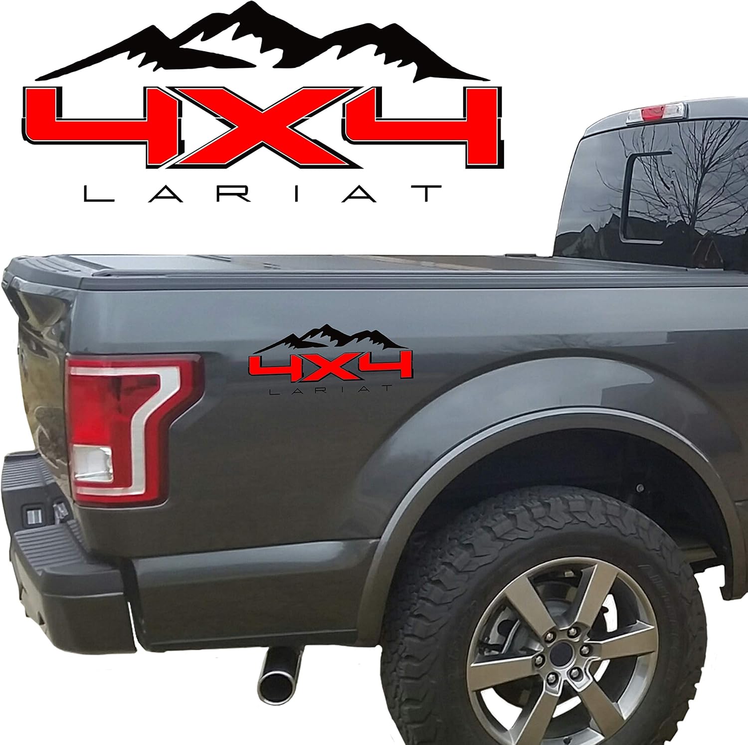 4X4 Mountain Bedside Vinyl Decal for Ford Lariat Trucks Red with Silver Outline