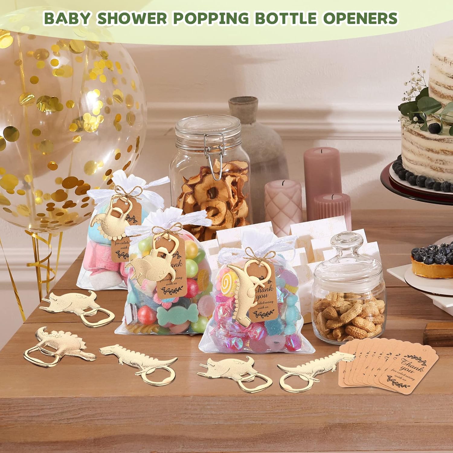 54 piezas de abrebotellas de dinosaurio, regalos de devolución de baby shower para invitados, abridor de botellas y recuerdos con bolsas de organza,