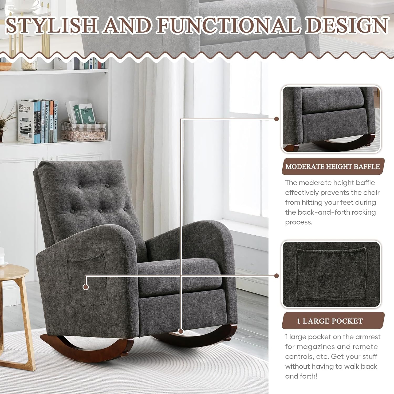 Mecedora moderna para guardería, silla mecedora tapizada con respaldo alto copetudo, cómodo sillón decorativo con cojín grueso y bolsillo grande