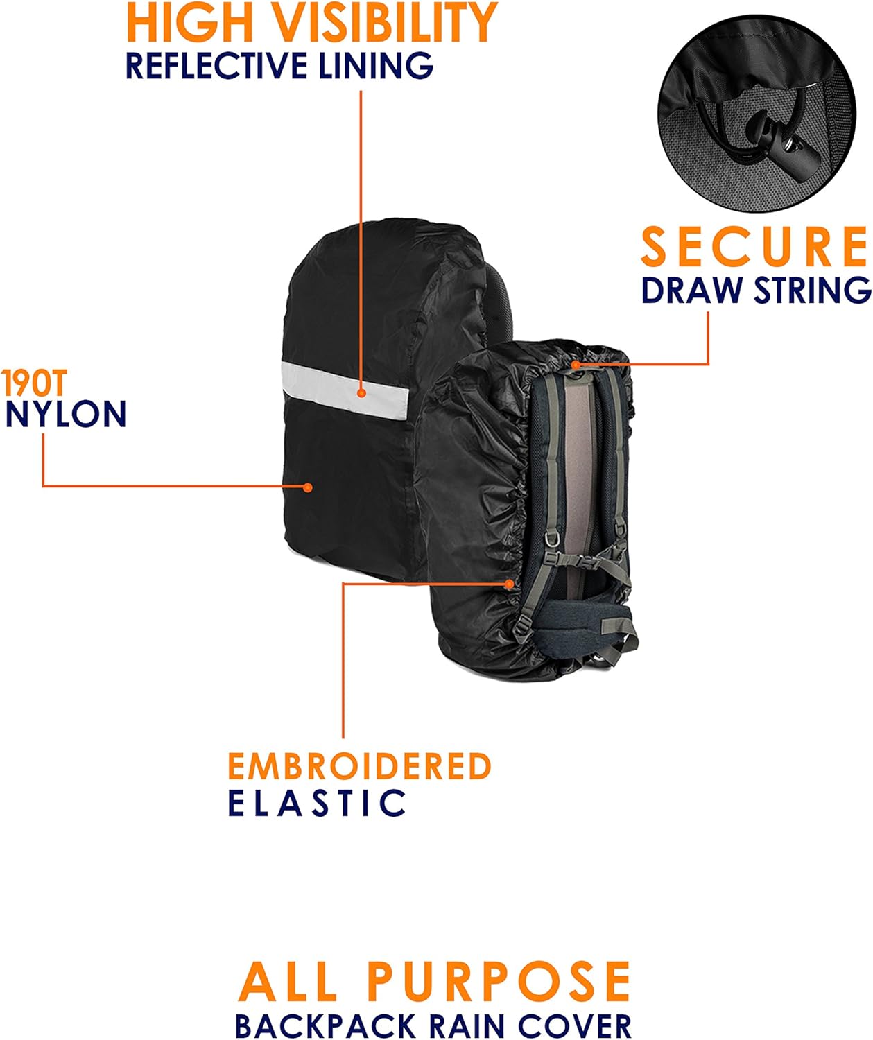 Backpack Rain Cover with Reflective Lining and Travel Bag – Waterproof Knapsack Protector with Elastic Lining and Safety Reflector for Biking