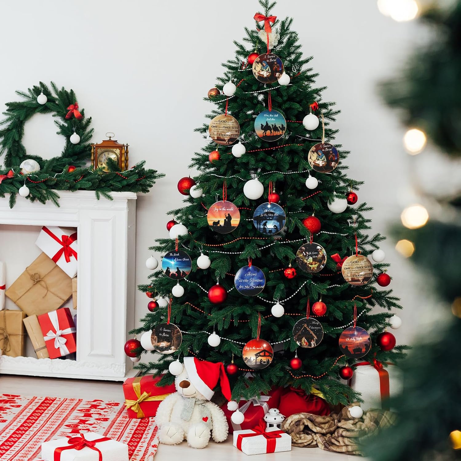 72 piezas de adorno navideño de madera de Jesús, decoración de Navidad cristiana, decoraciones de Navidad religiosas con cuerdas rojas para