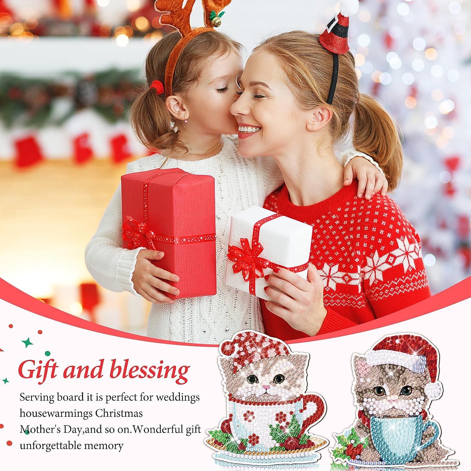 Juego de 8 posavasos de Navidad con diseño de diamantes para gatos con soporte para taza de Navidad, posavasos de arte de diamantes con bases de