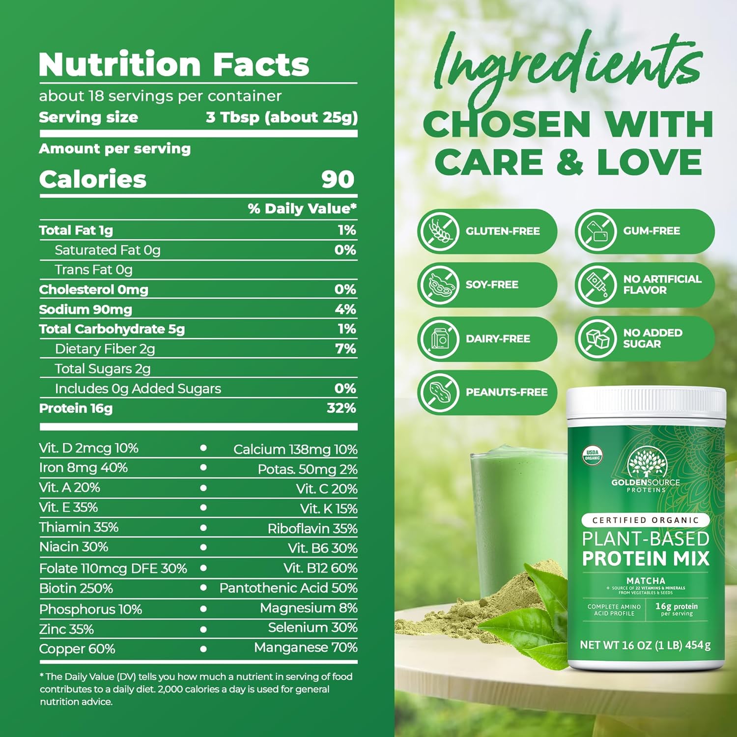 GoldenSource Proteins, proteína orgánica a base de plantas, matcha, 1 libra, 18 porciones, 22 vitaminas y minerales, perfil completo de aminoácidos,