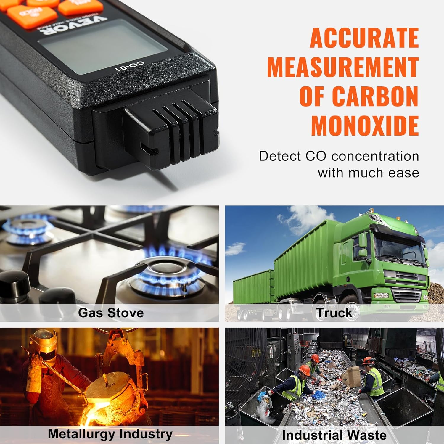 VEVOR Detectores de monóxido de carbono, detector de CO portátil de 0 a 1000 PPM con alarma audible y visual, medidor de gas CO portátil con sensor