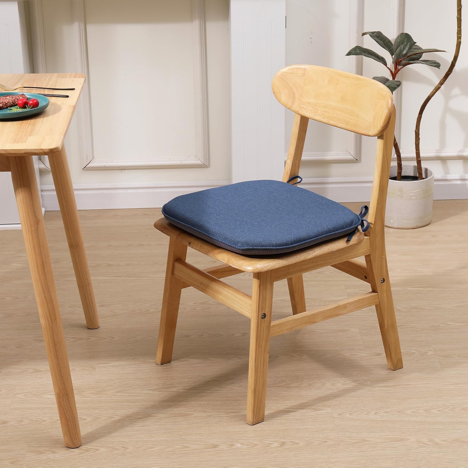 Cojines para sillas de interior azul marino, 17 x 16 pulgadas, juego de 2, almohadillas de espuma de alta densidad con lazos y respaldo