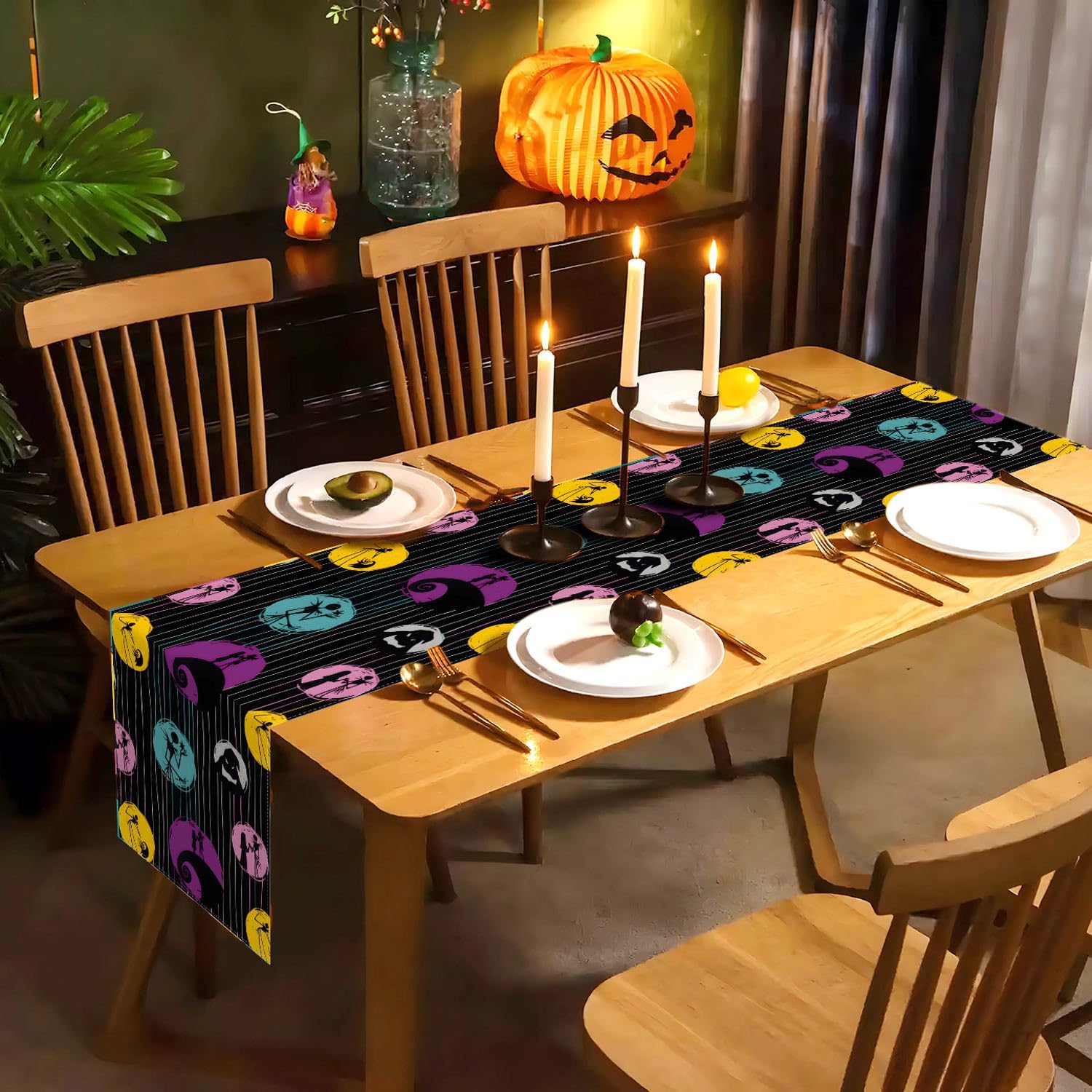 Camino de mesa The Nightmare Before Christmas Jack Skellington y Sally para decoración de fiesta de cumpleaños, Halloween, hogar, cocina, comedor