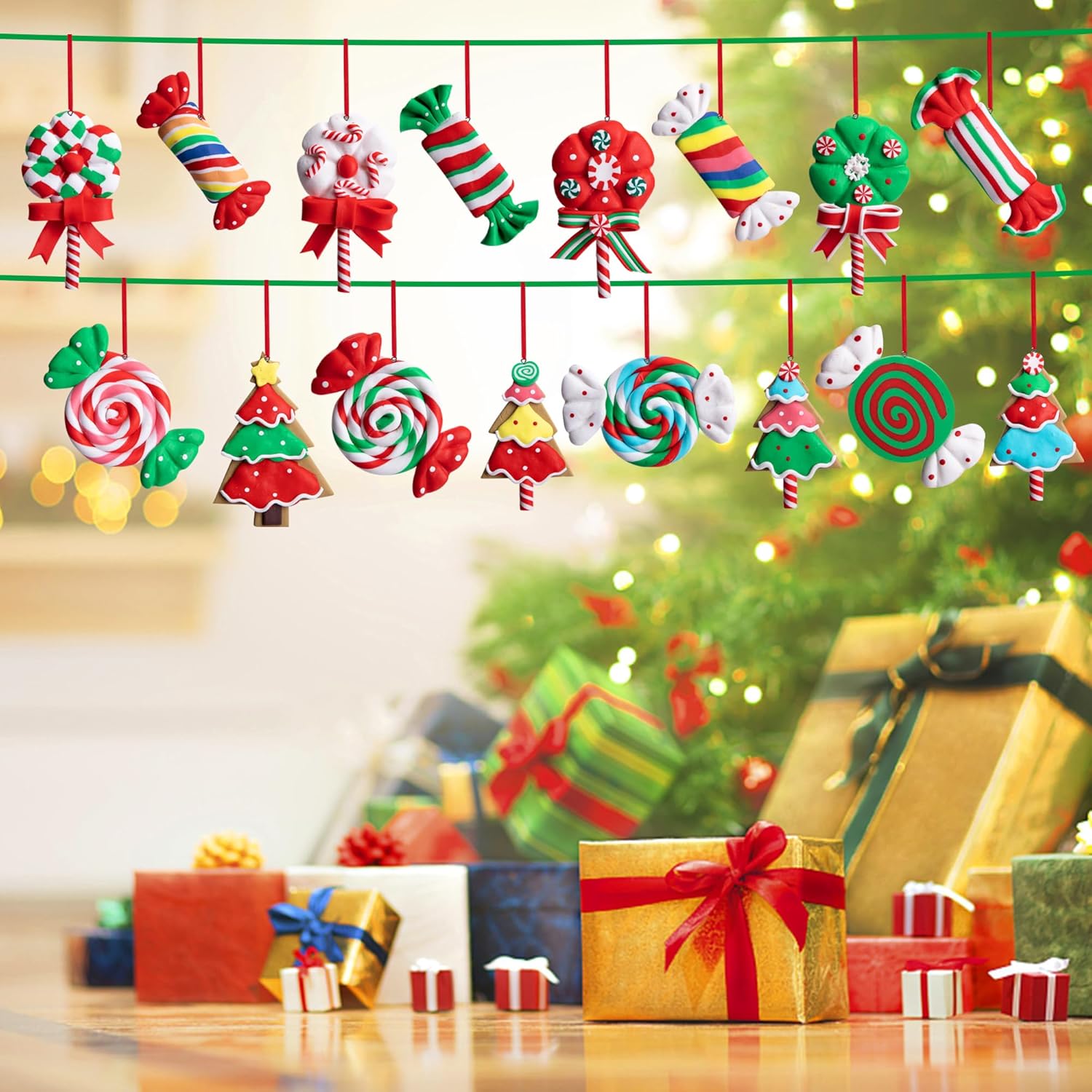 16 adornos de piruleta de Navidad, adornos colgantes de caramelo para árbol de Navidad, adornos de arcilla polimérica para decoración de fiesta de