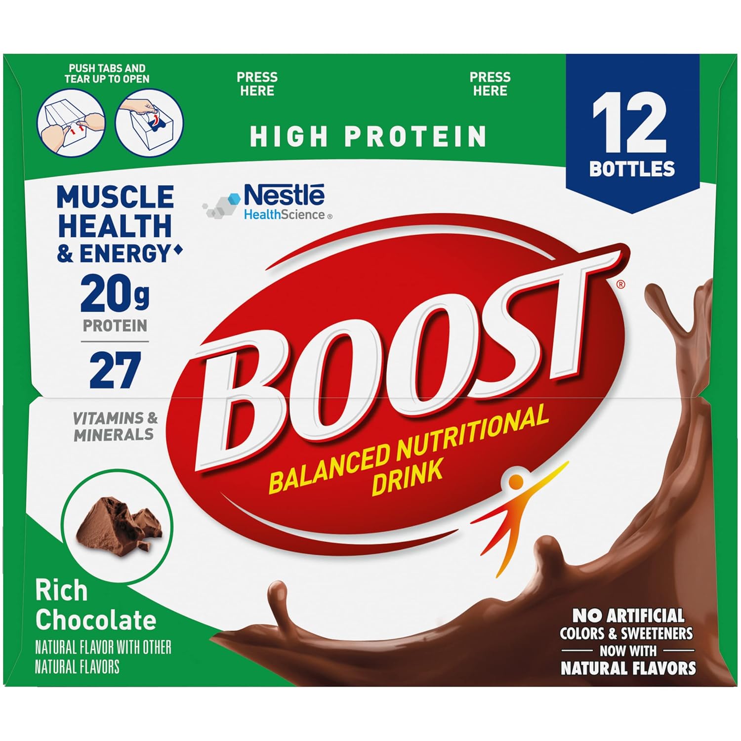Boost Bebida rica en proteínas de chocolate, 8 onzas líquidas, 12 por paquete, 2 paquetes por caja.