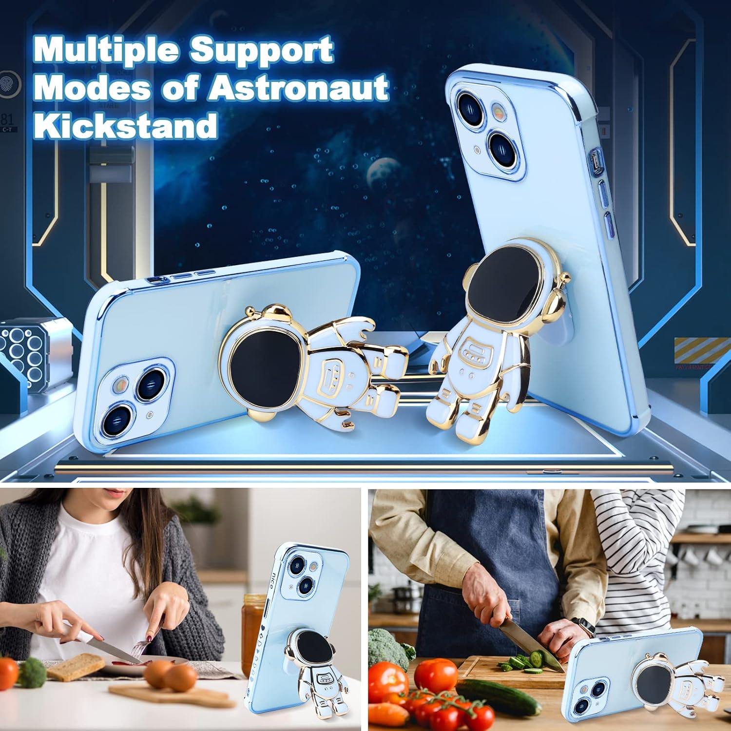 Omio – Funda compatible con iPhone 15 con soporte oculto de astronauta, funda de lujo chapado en corazón con borde lateral, pequeño patrón de amor