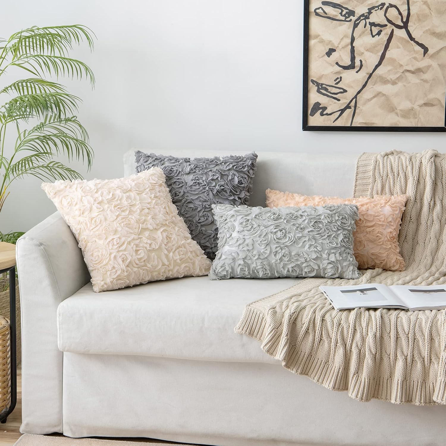 MIULEE Paquete de 2 fundas de almohada decorativas románticas de gasa con diseño de rosas, fundas de almohada cuadradas sólidas para sofá y