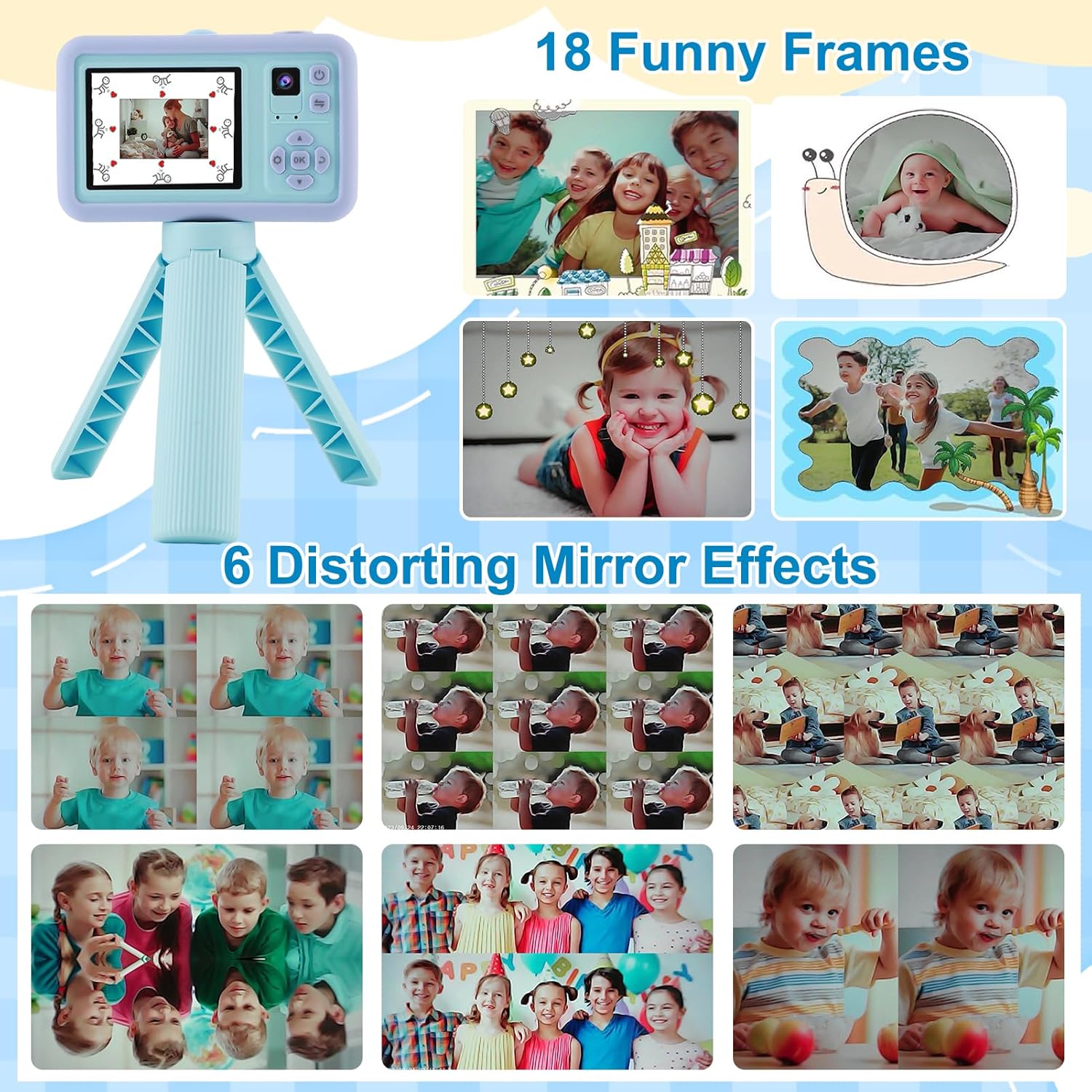 Seemee Cámara digital para niños con trípode, bonita funda de oso, marcos divertidos y efectos de espejo, tarjeta de 32G, regalos de cumpleaños de