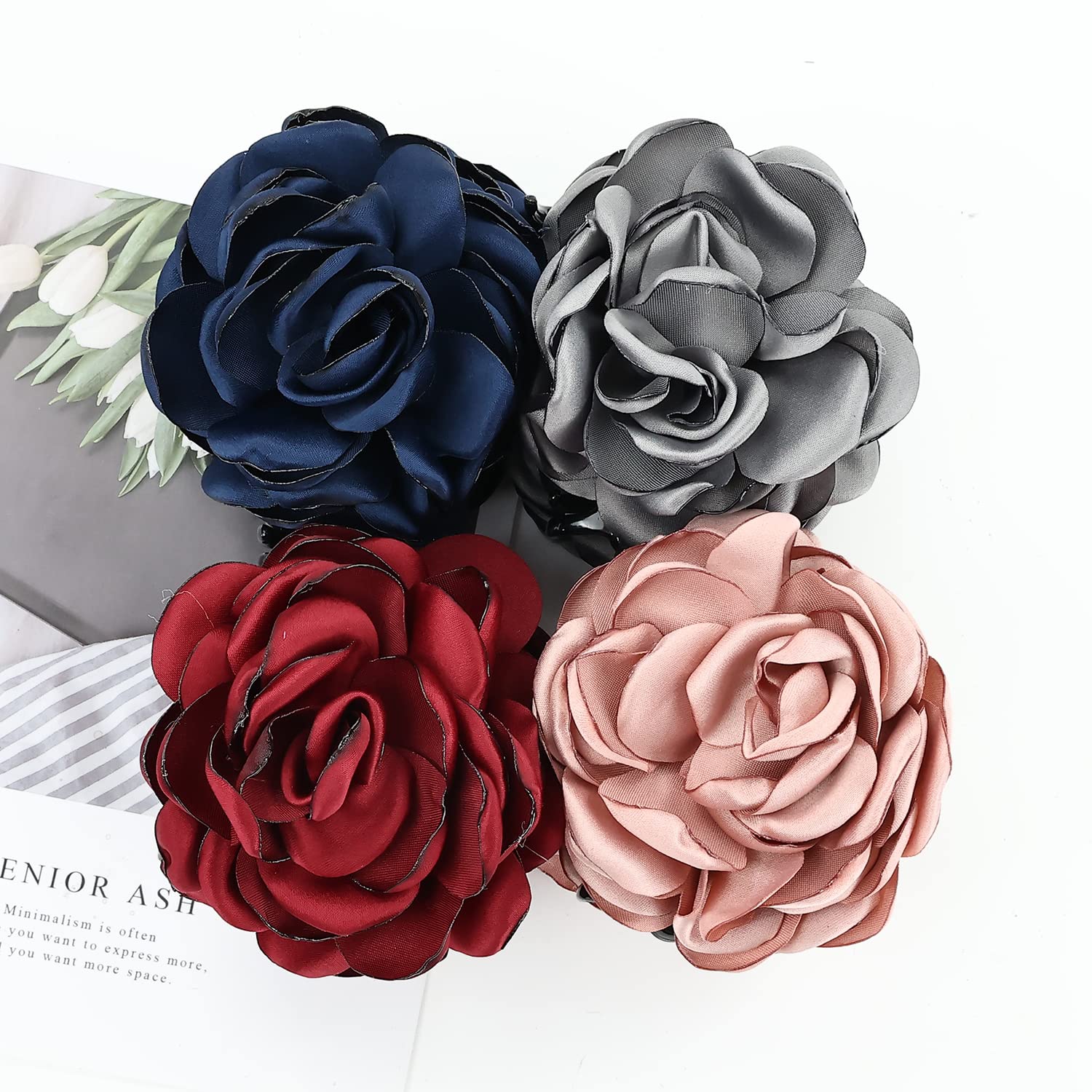 Cinaci Paquete de 4 pinzas de plástico negro para el cabello con rosas grandes y grandes, pinzas para moño, accesorios para mujeres y niñas