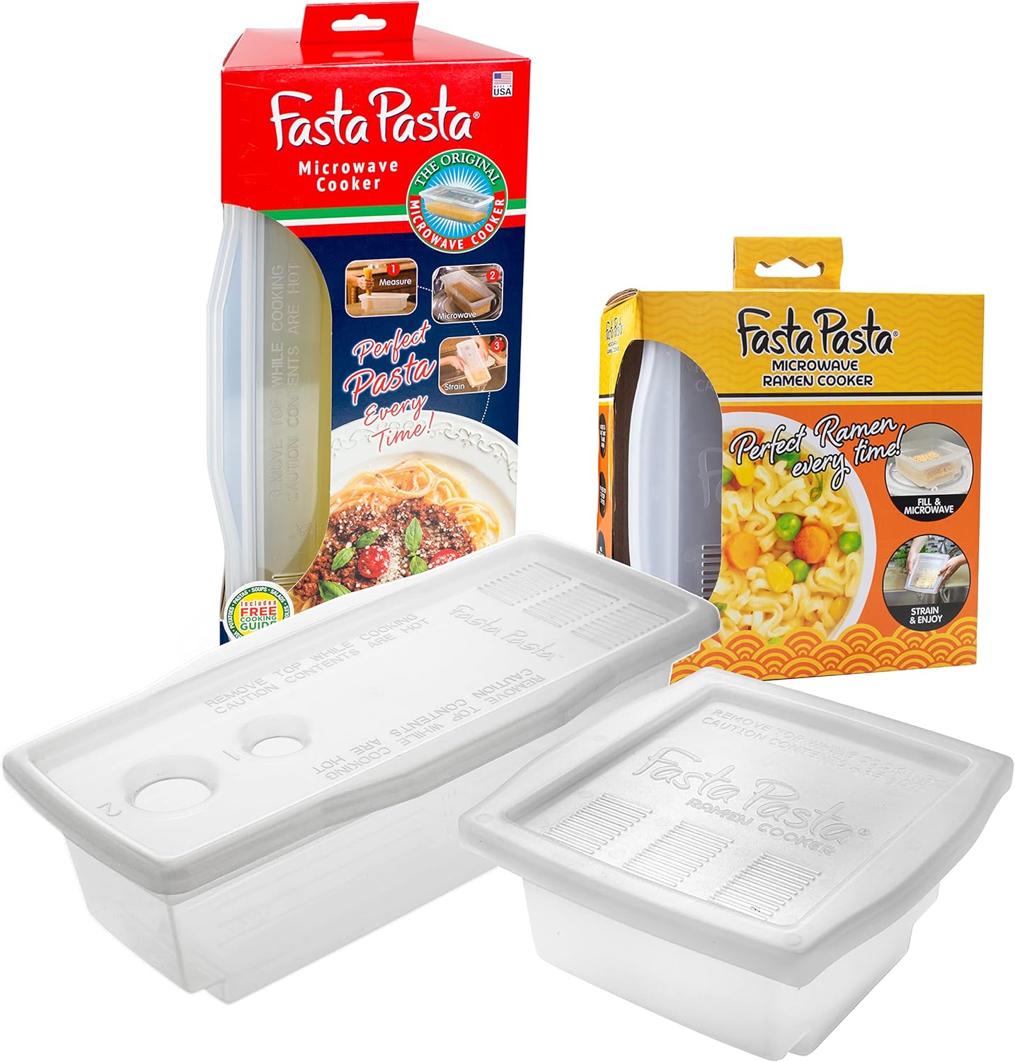 El paquete original de cocina Fasta Pasta para microondas y olla de ramen, cada uno con tapas de colador integradas, sin ensuciar, pegar, desbordar